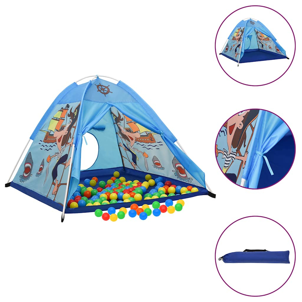 Una tenda da gioco blu a tema pirata piena di palline colorate.
