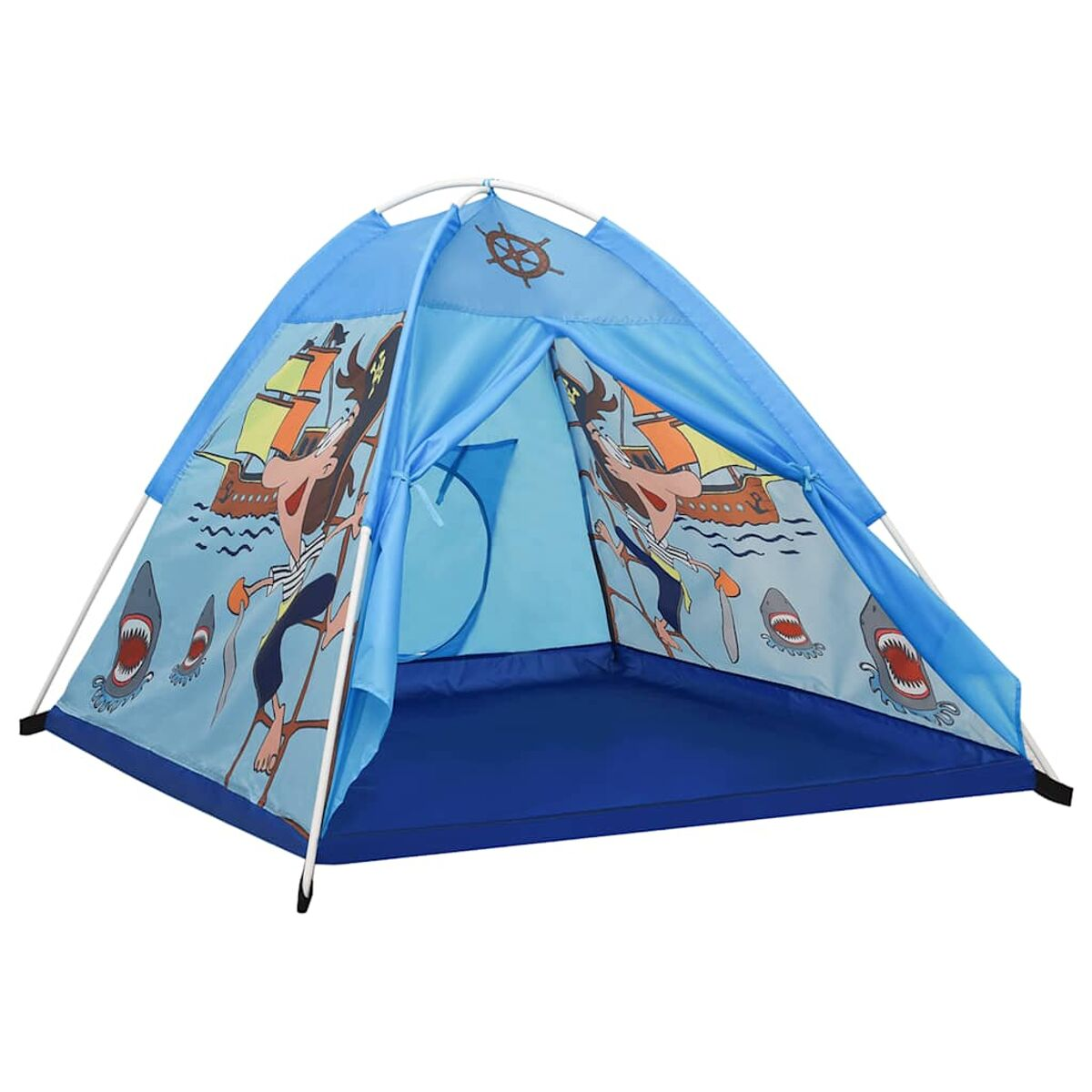 Una tenda pirata blu con navi, squali e un pirata con benda sull'occhio.