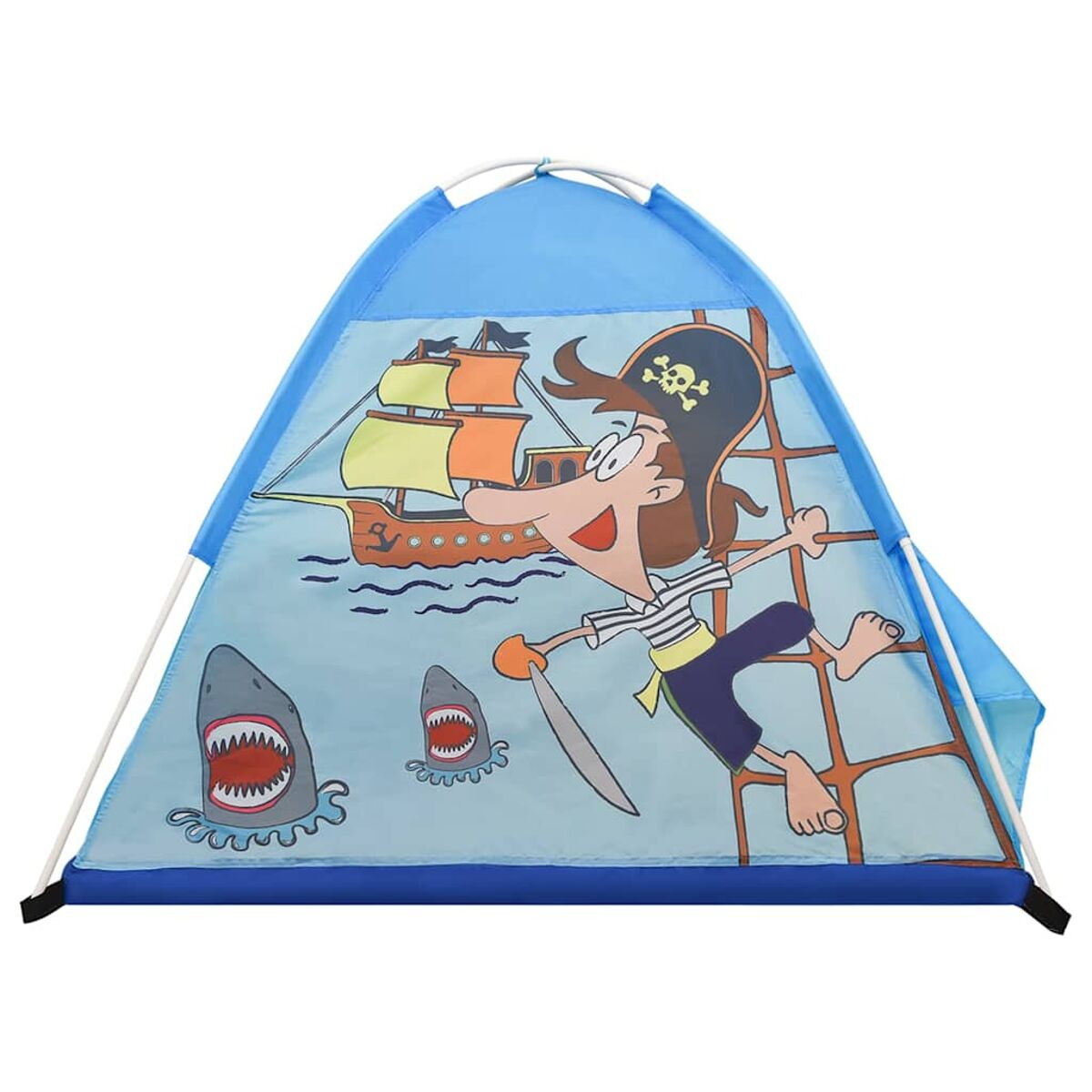 Una tenda blu a tema pirata: un pirata su una scala, una nave, squali e onde.