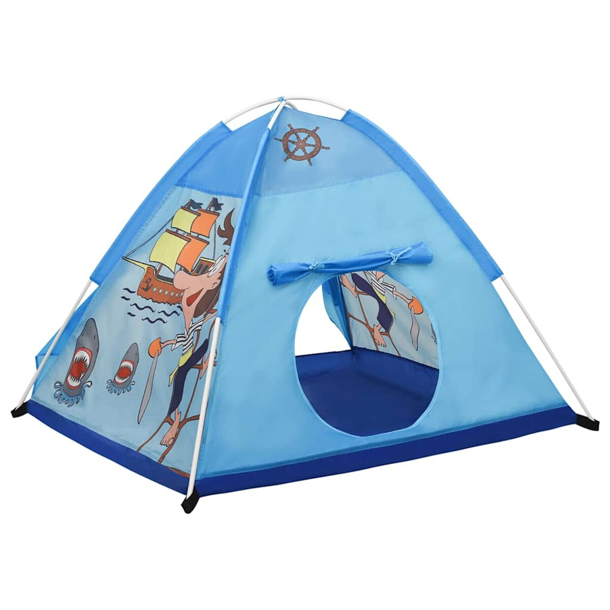 Una tenda da gioco azzurra con grafica di pirati e squali e un emblema di timone.