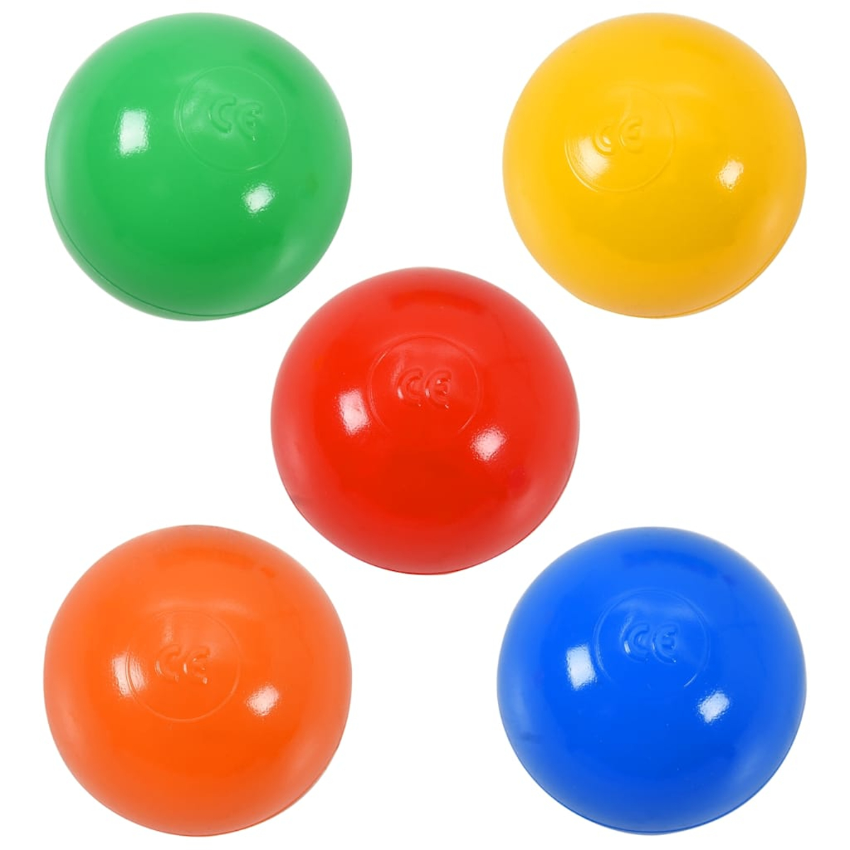 Cinque palline colorate: verde, giallo, rosso, arancione e blu, su sfondo bianco.