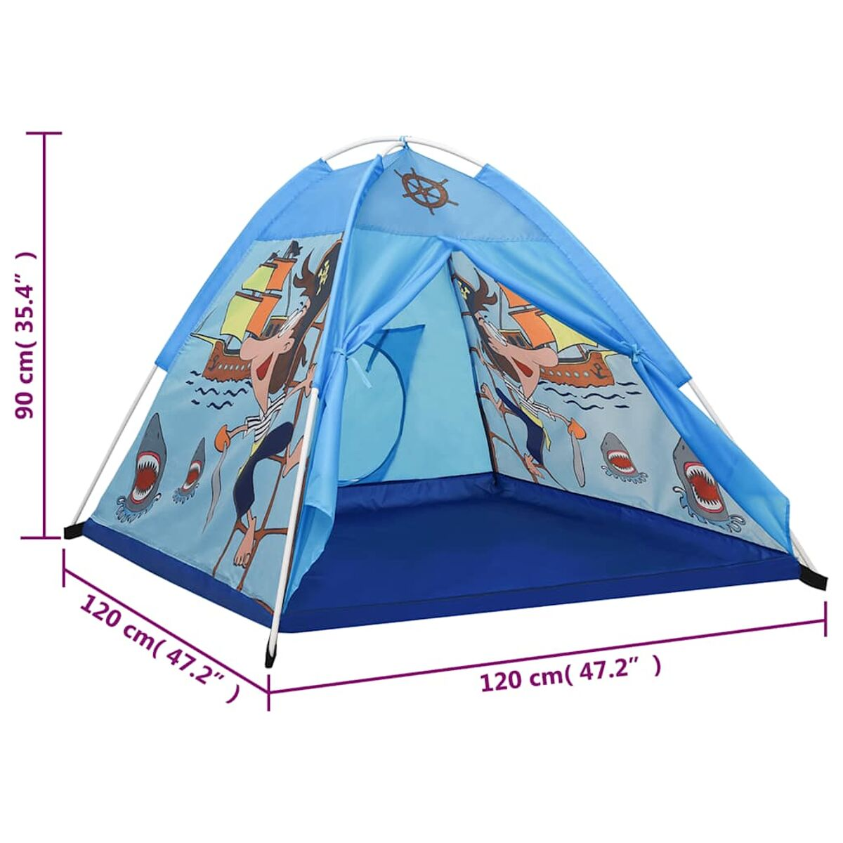 Una tenda blu con grafica pirata e squali. Dimensioni: 90x120x120cm.