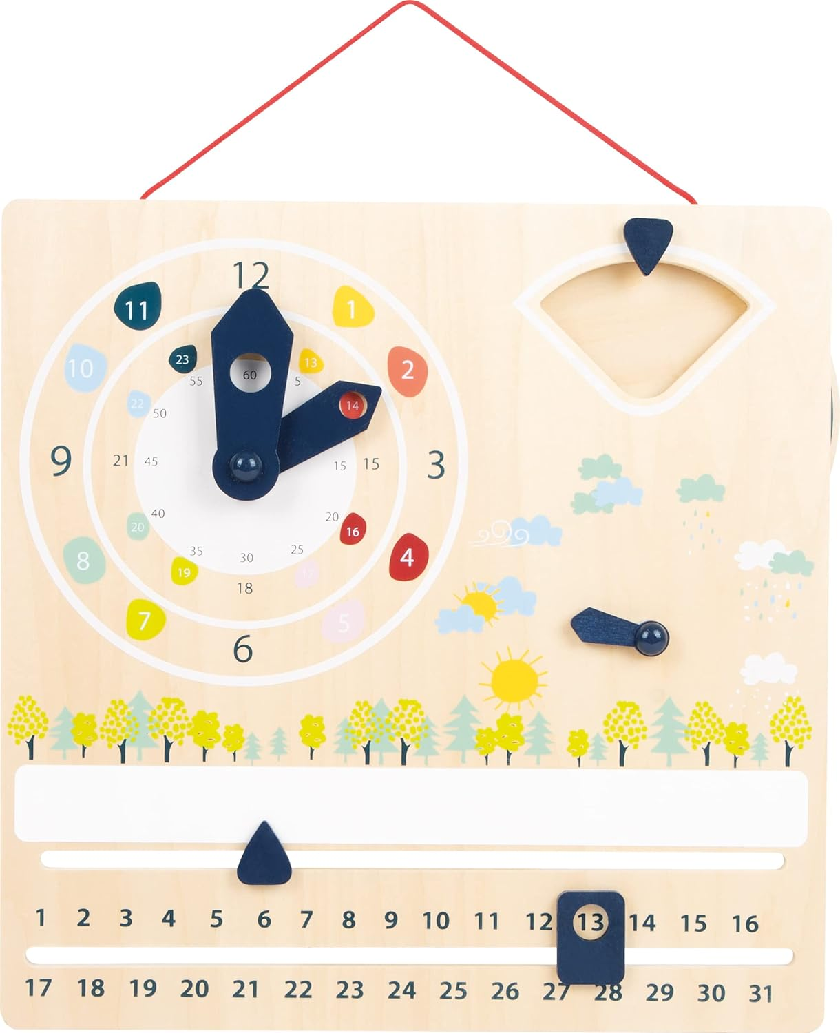 Un juguete de madera con reloj, calendario y pantalla del tiempo.