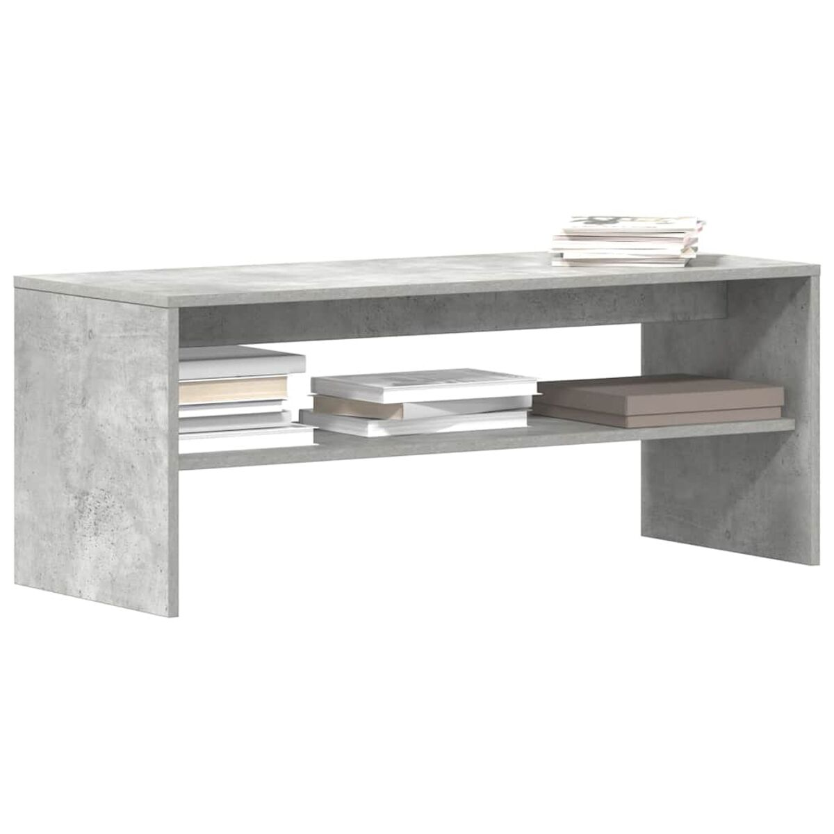 Mesa auxiliar de hormigón gris con dos baldas y libros.