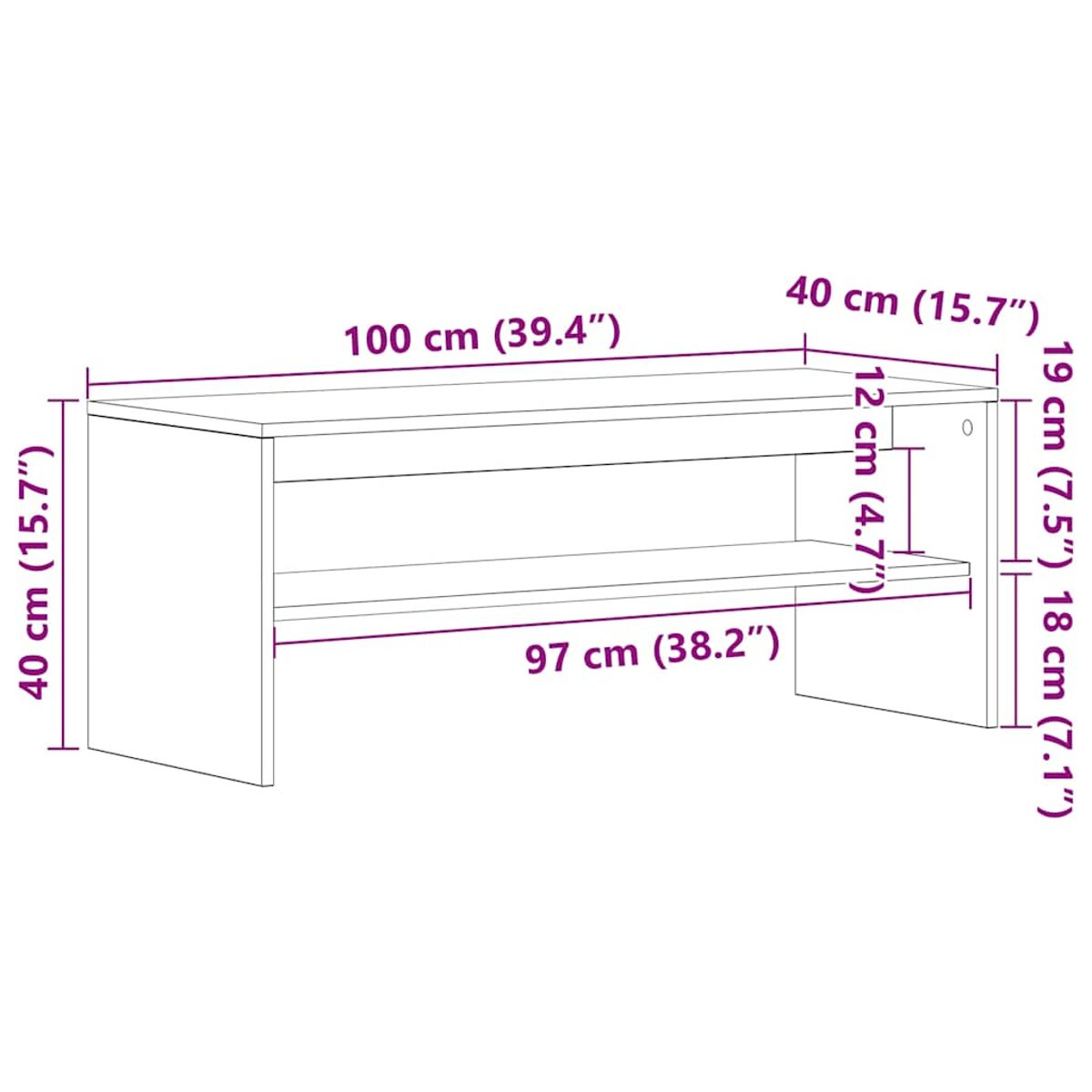 Diagrama de una estantería blanca con dimensiones en cm y pulgadas.