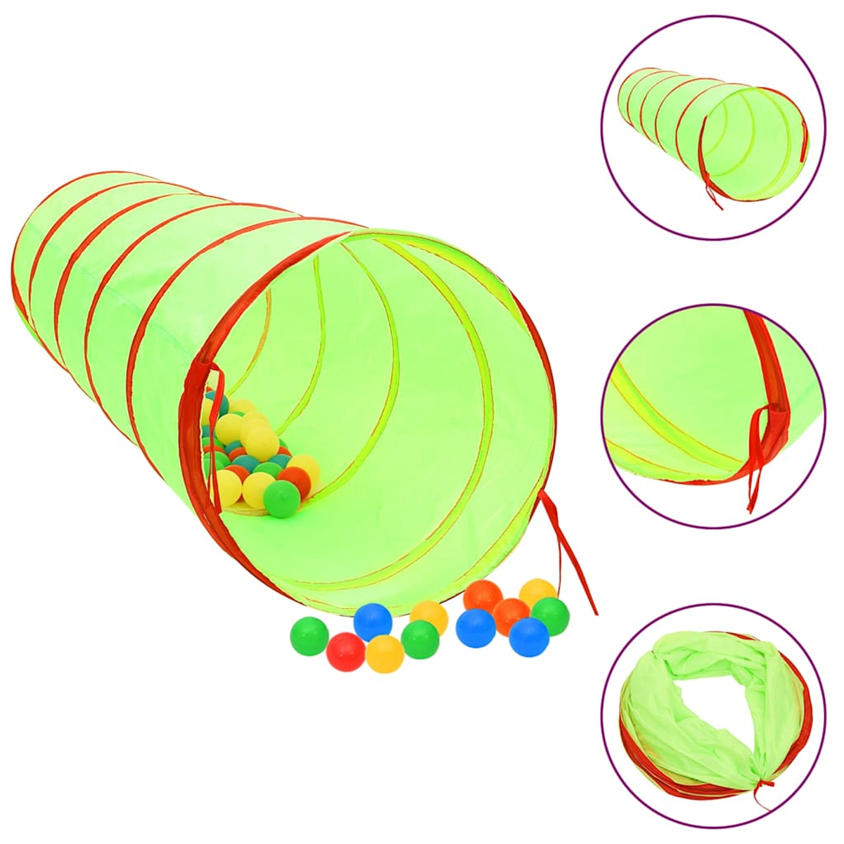 Un tunnel da gioco verde brillante con bordo rosso, pieno di palline colorate.