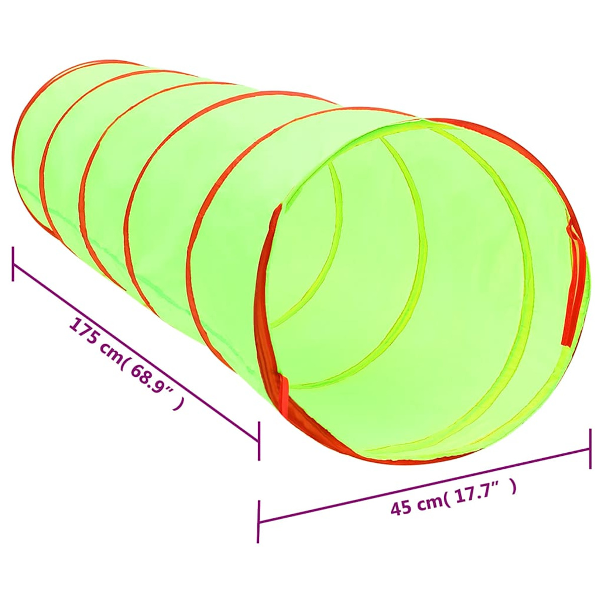 Un tunnel da gioco verde brillante con bordo rosso, lungo 175 cm.