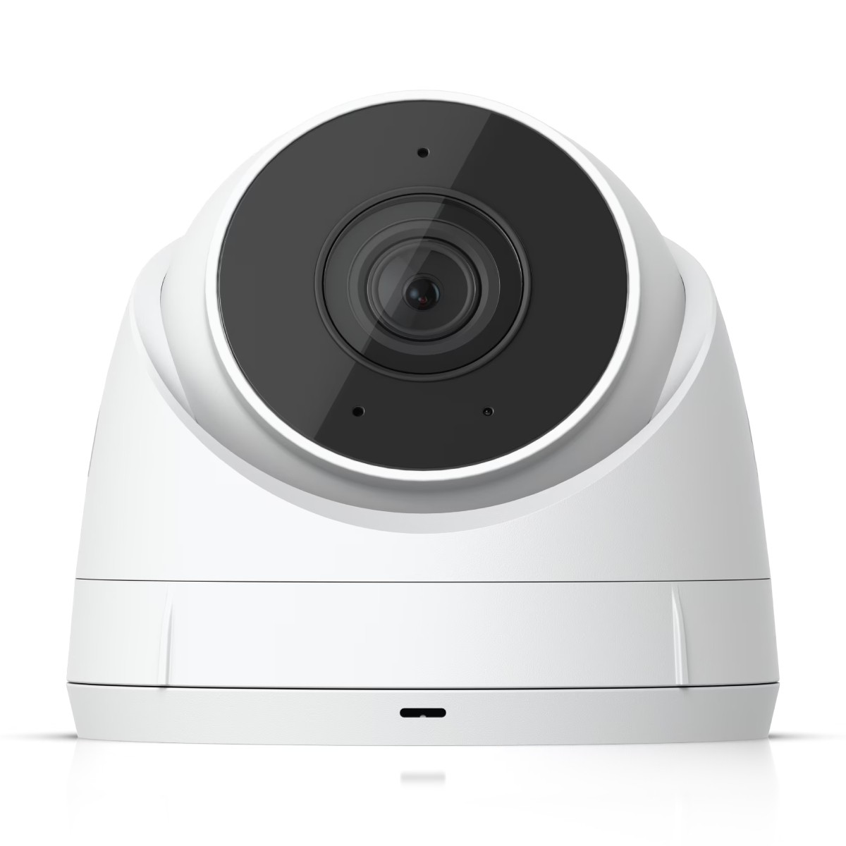 Una telecamera di sicurezza bianca con obiettivo nero e spie luminose visibili.