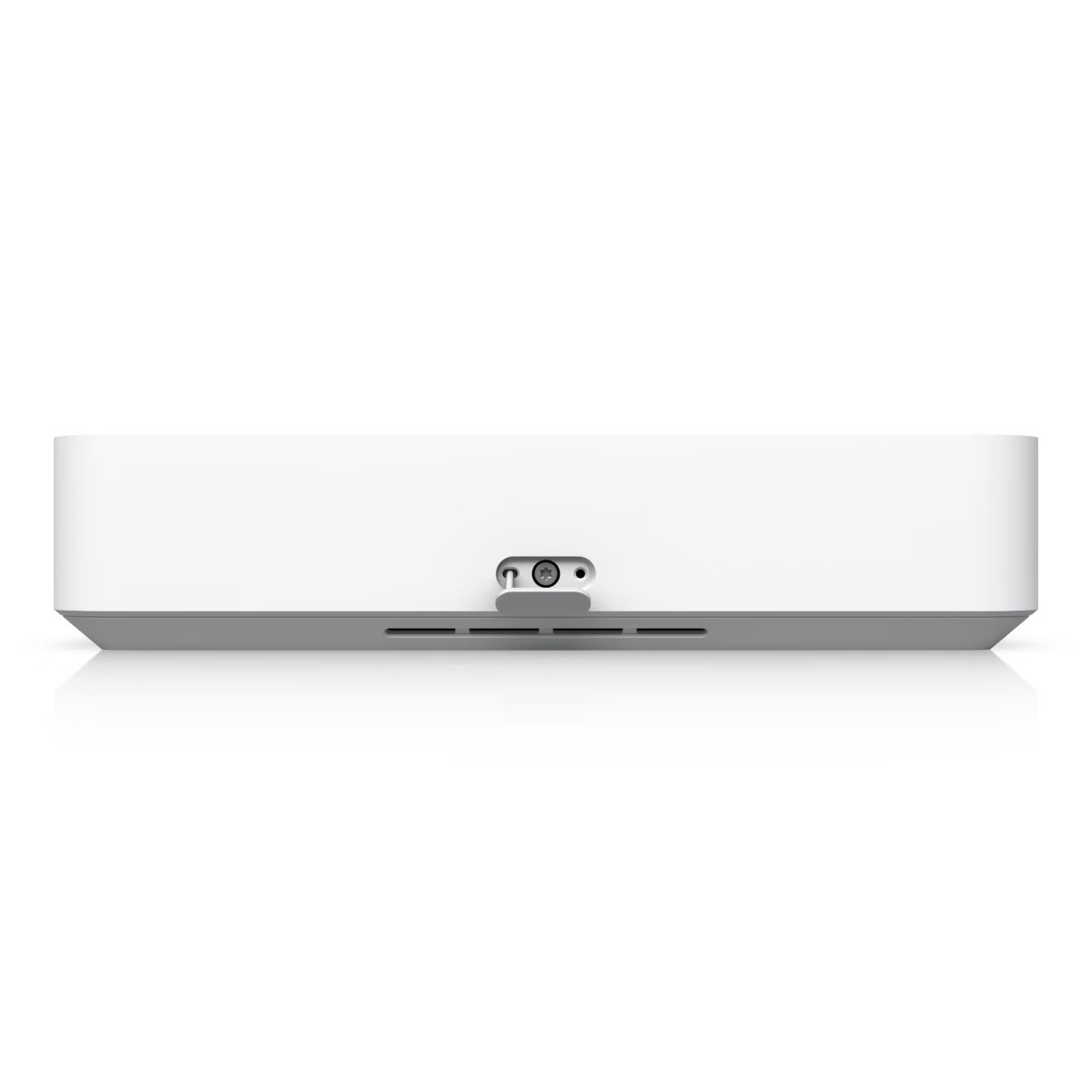 Un dispositivo bianco con base grigia e connettore argentato.