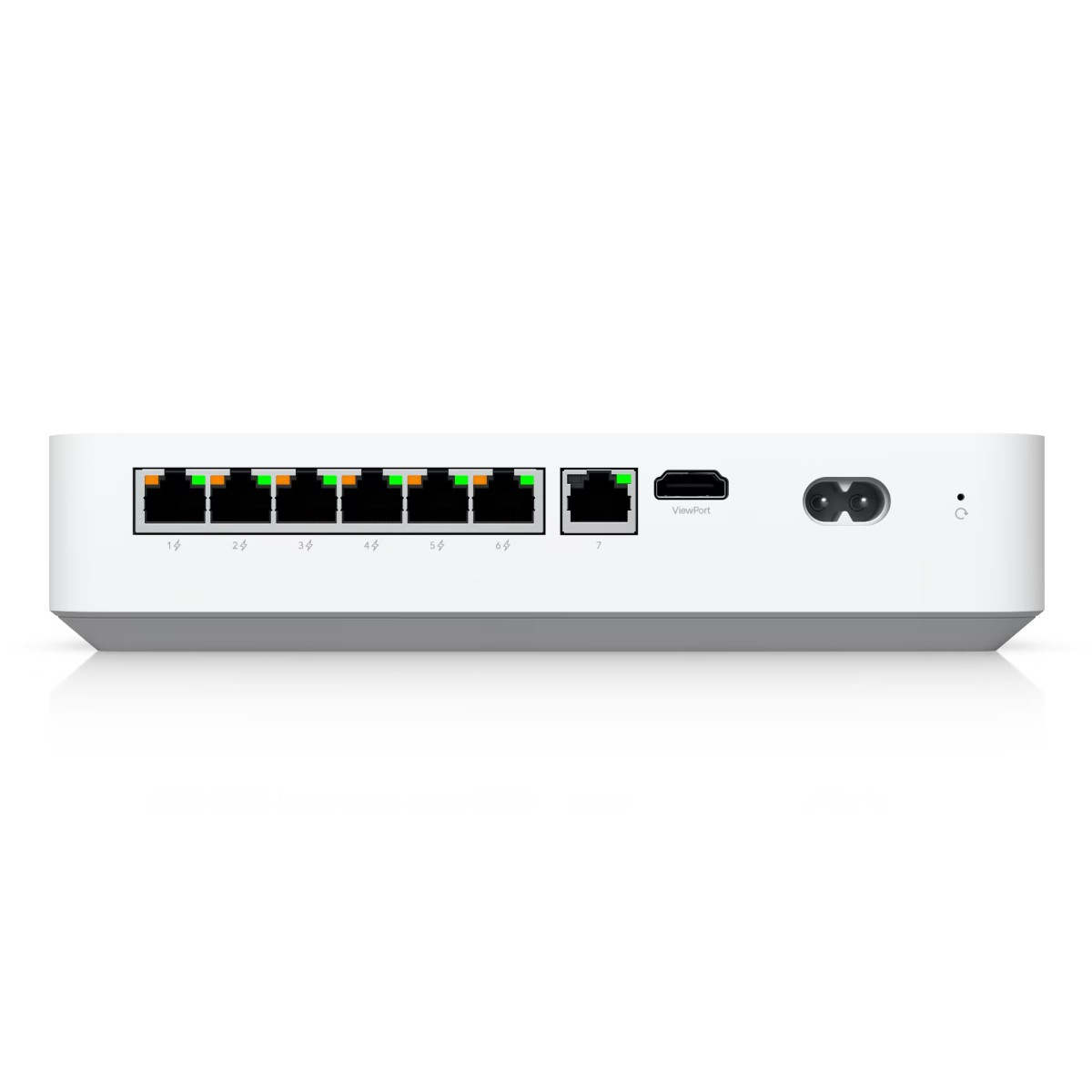 Switch di rete bianco con 8 porte, HDMI e connettore di alimentazione.