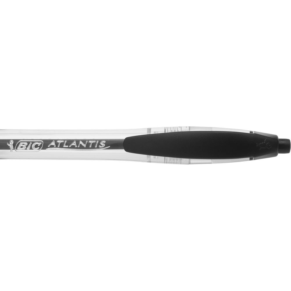 Ein klarer Kugelschreiber mit schwarzem Griff und der Aufschrift "BIC ATLANTIS".