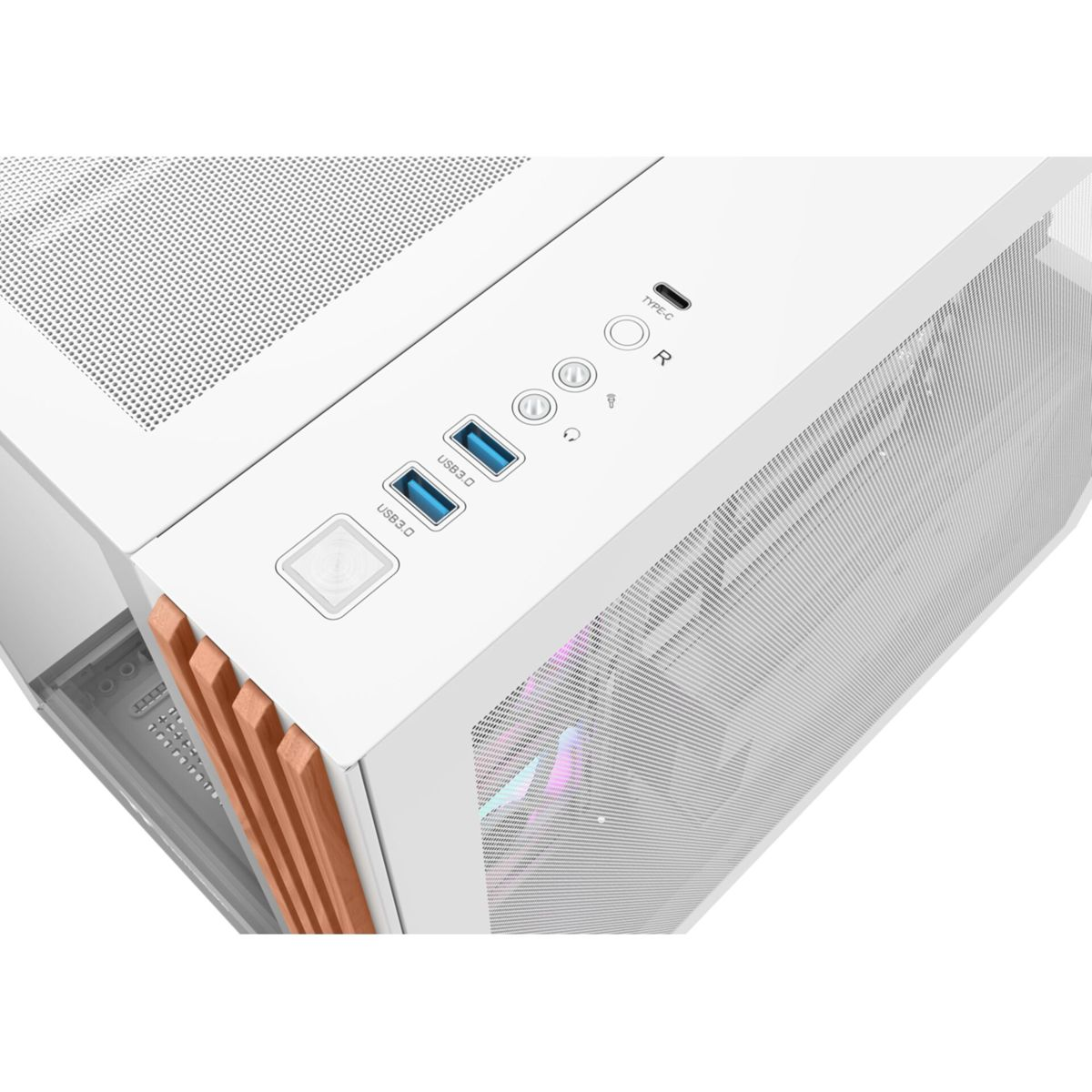 Weiße PC-Gehäuse-Oberseite mit USB-C-, USB-3.0-Anschlüssen und Netzschalter.