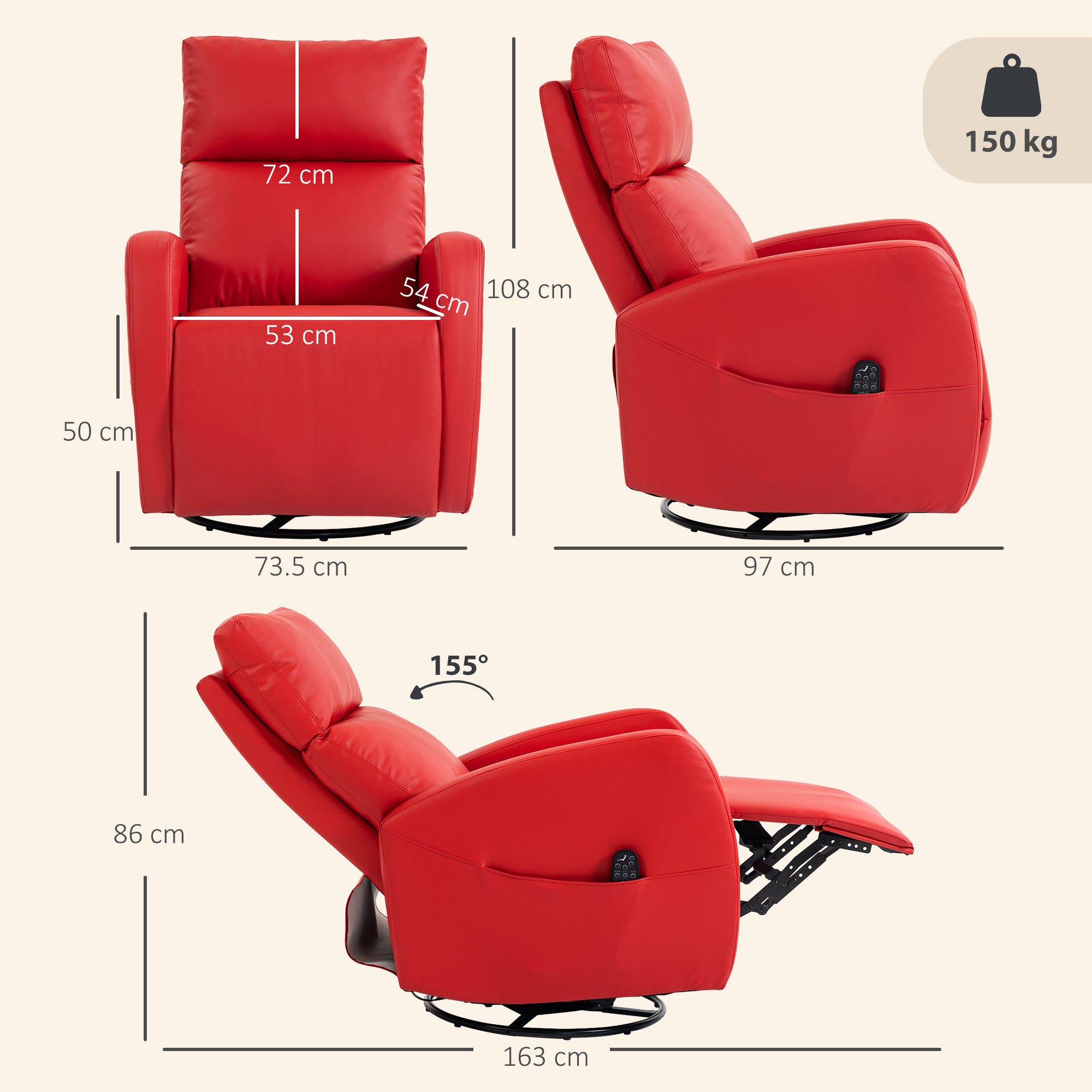 Poltrona reclinabile rossa con dimensioni e peso max 150 kg.