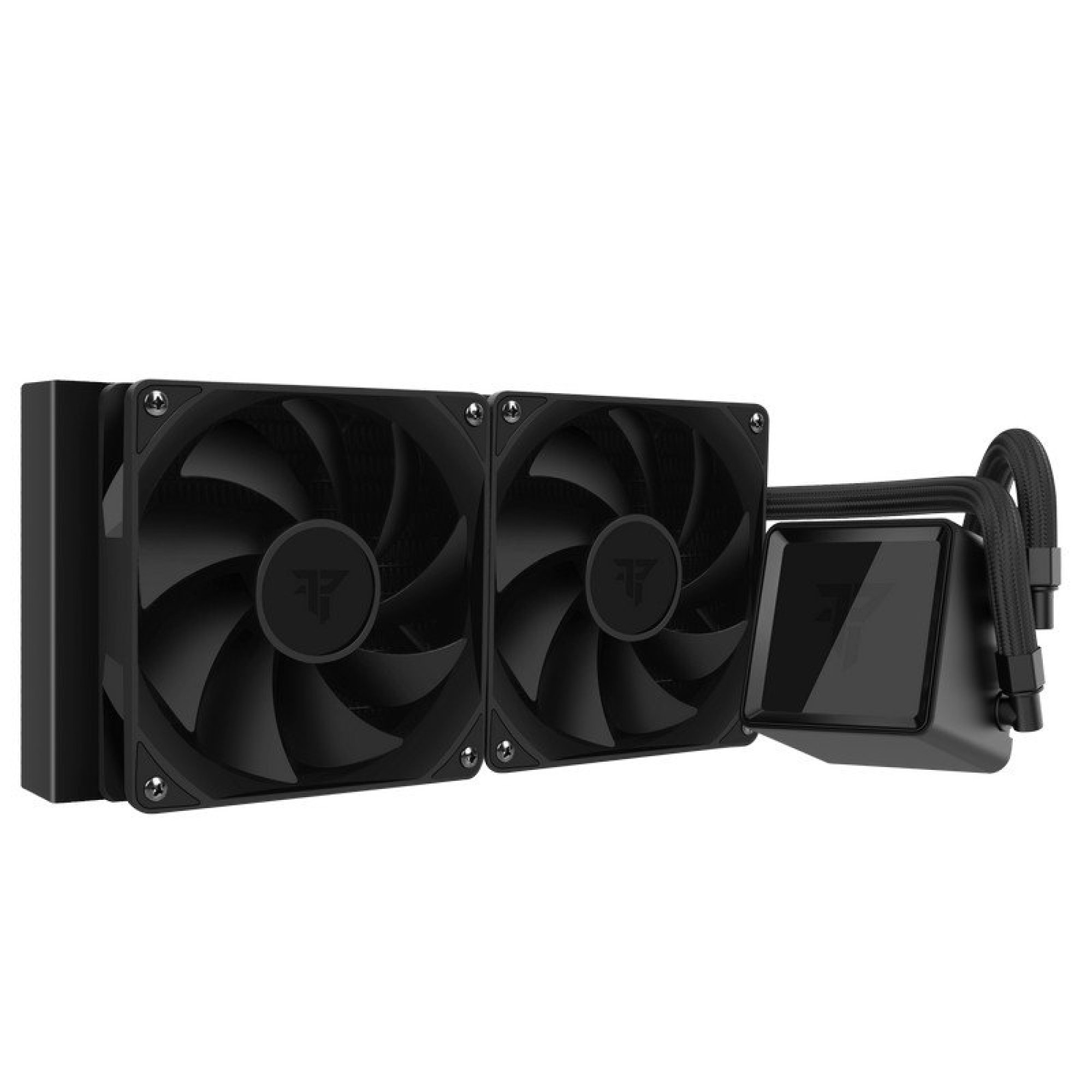 Raffreddatore CPU nero con due ventole e radiatore.