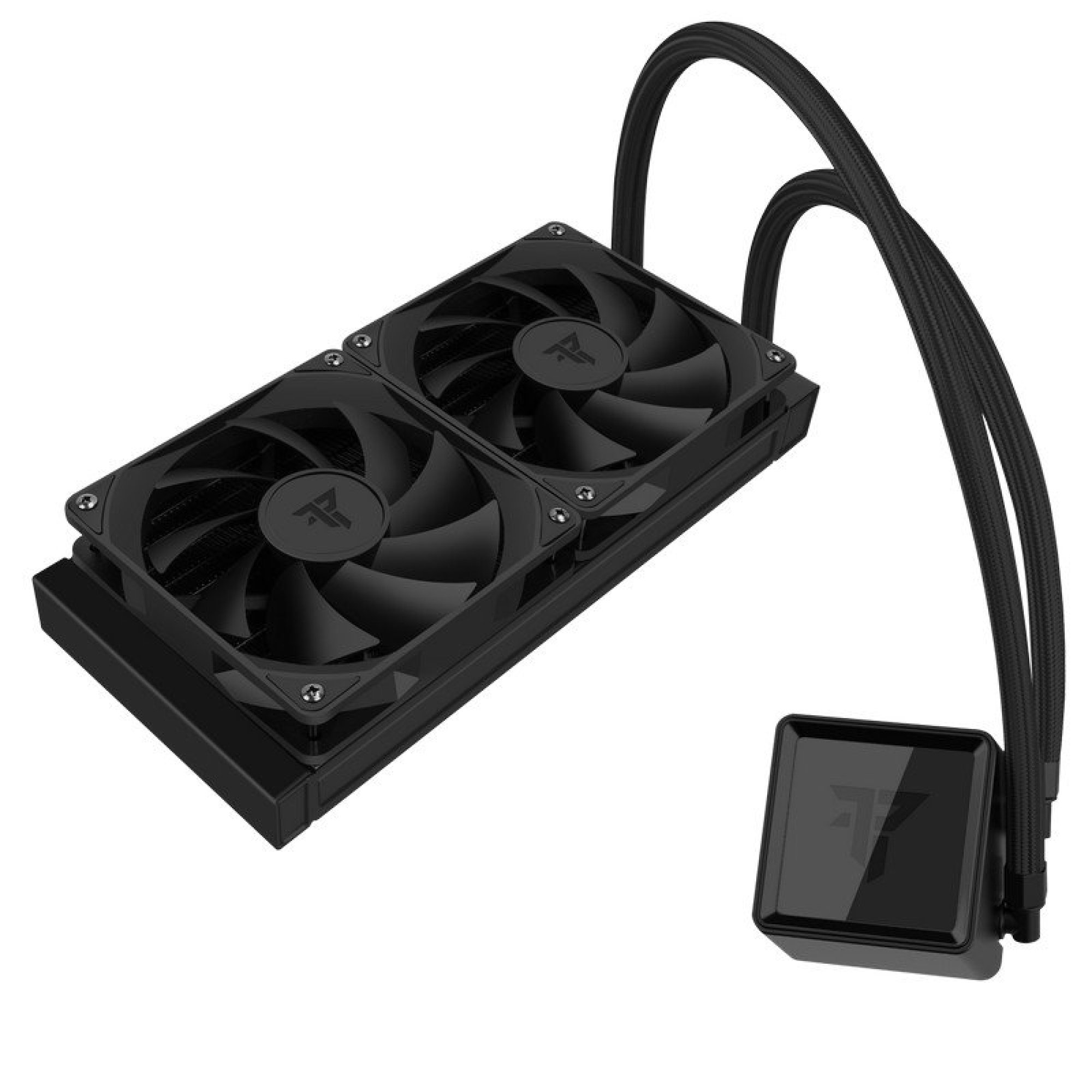 Un dissipatore per CPU nero con due ventole e una pompa dell'acqua quadrata.