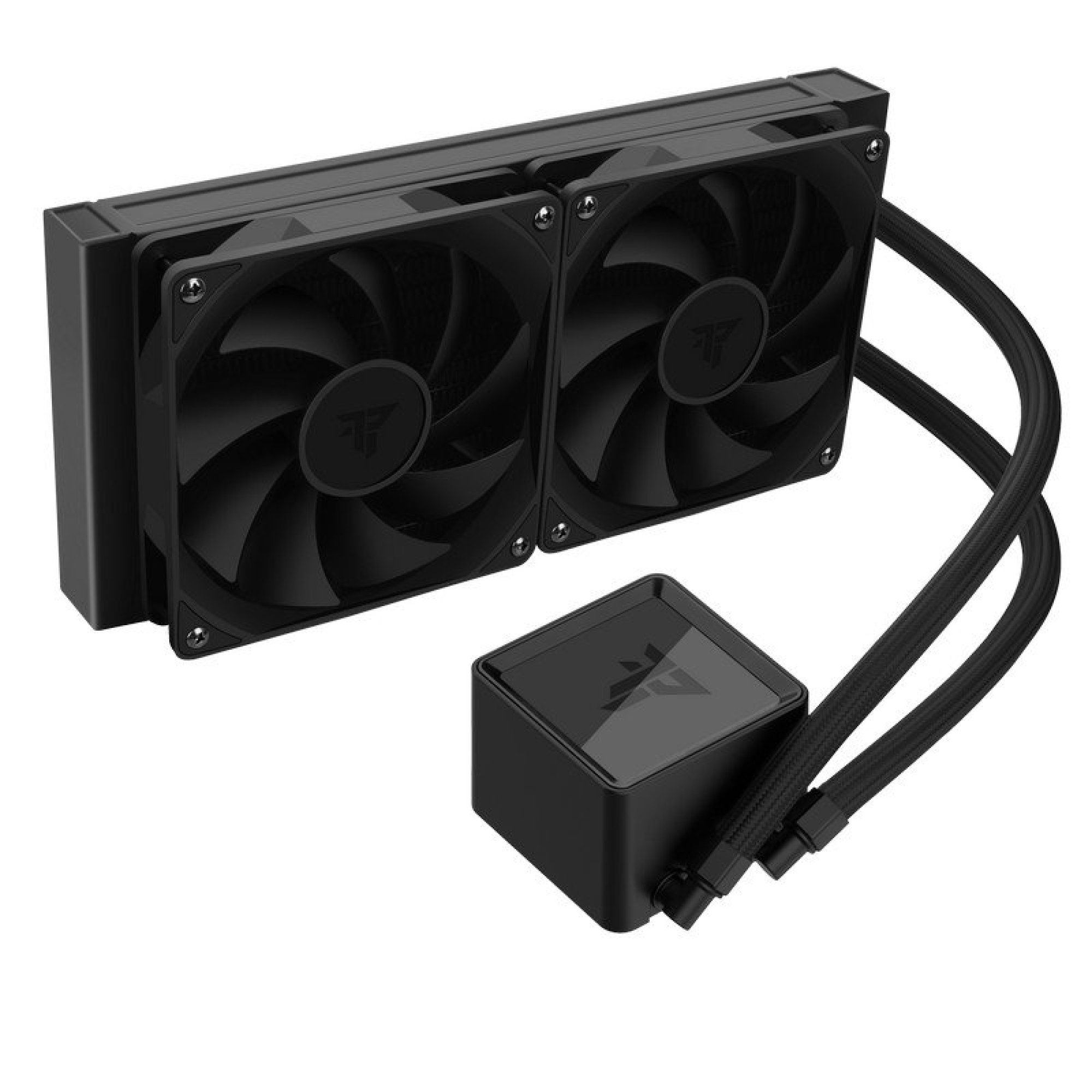 Raffreddatore CPU nero con due ventole e blocco pompa, collegati da tubi.