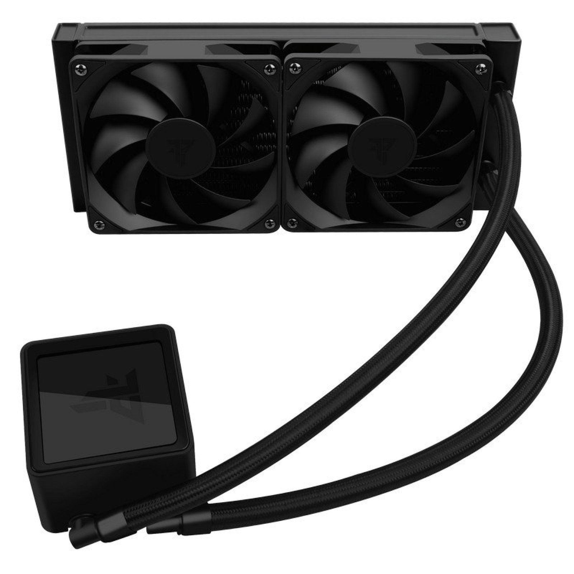 Un dissipatore CPU nero con due ventole e un alloggiamento pompa quadrato.
