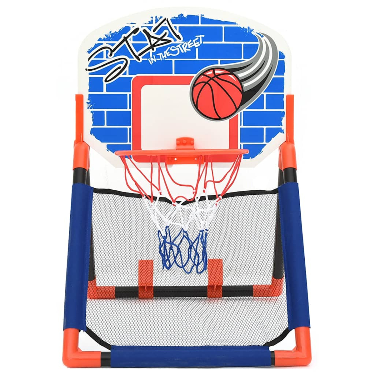 Un piccolo canestro da basket con rete, anello rosso e grafica di palla.