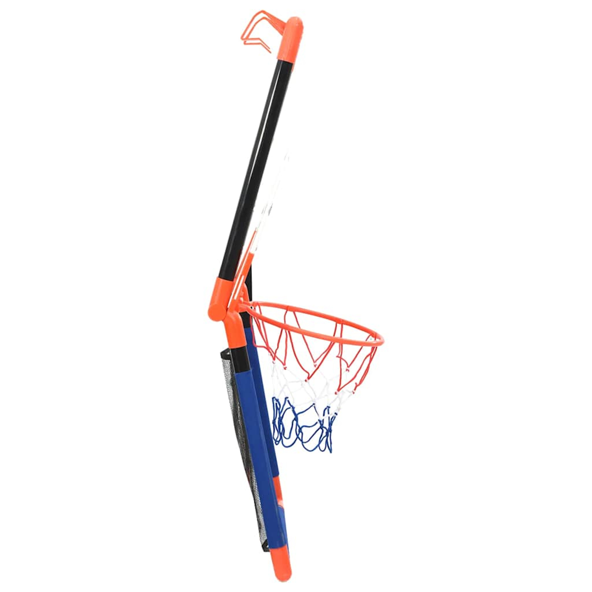 Un canestro da basket portatile con rete blu e anello arancione.
