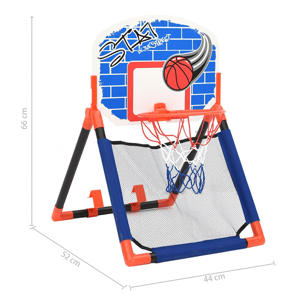 Un canestro da basket portatile con sfondo a mattoni blu e grafica di palla rossa.