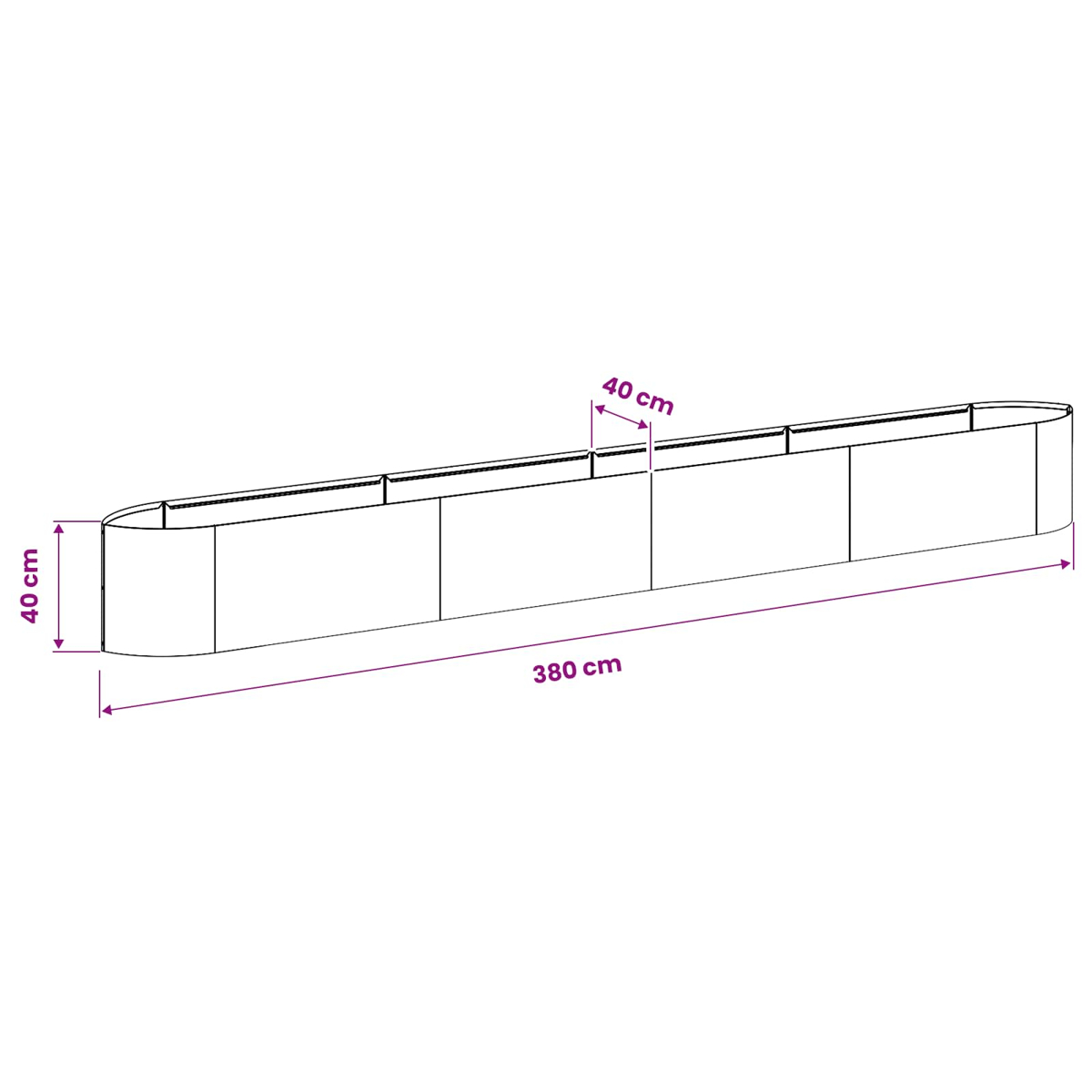 Ein langes, flaches, ovales Objekt mit Maßen von 380 cm Länge und 40 cm Höhe.