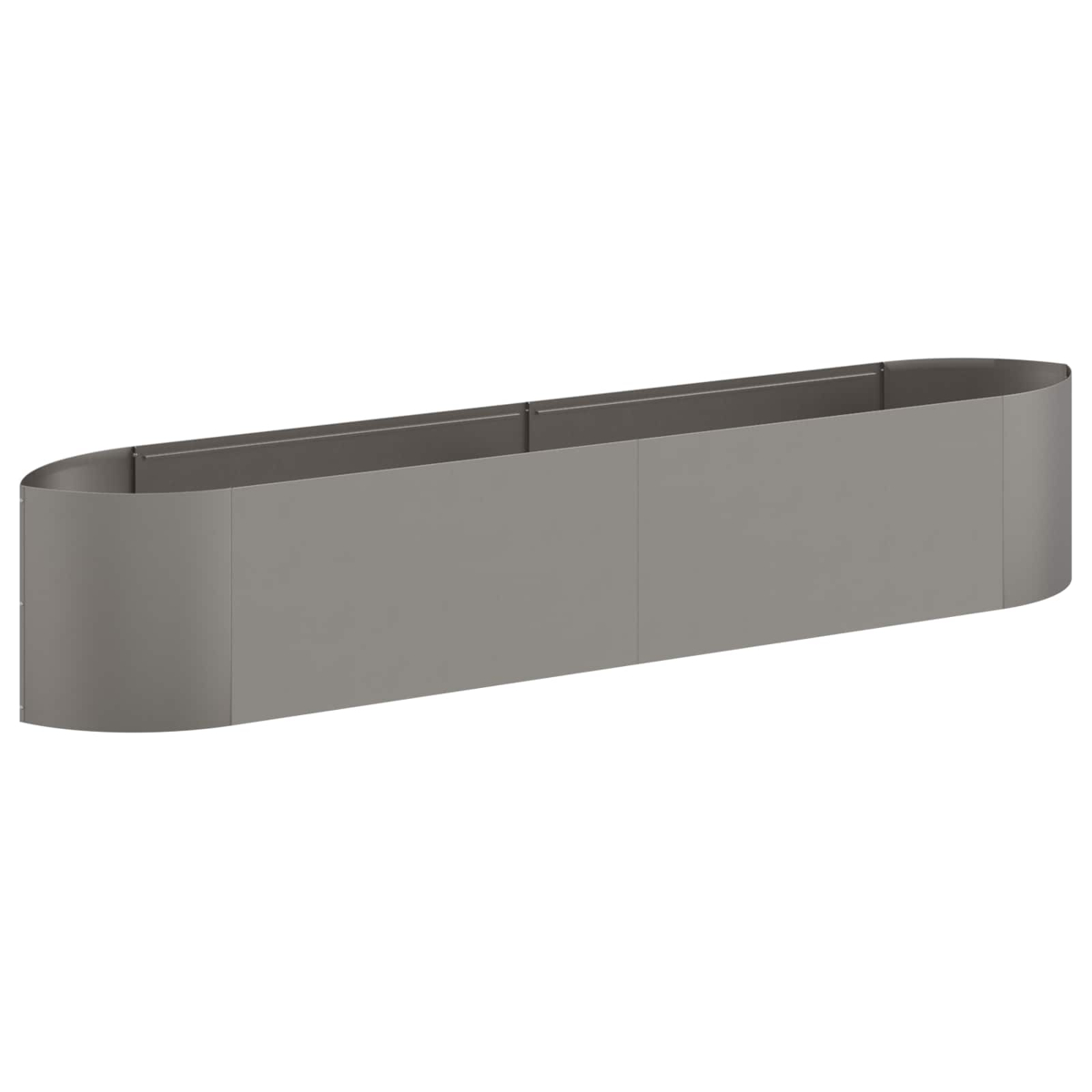 Ein langer, grauer, ovaler Pflanztrog aus Metall.