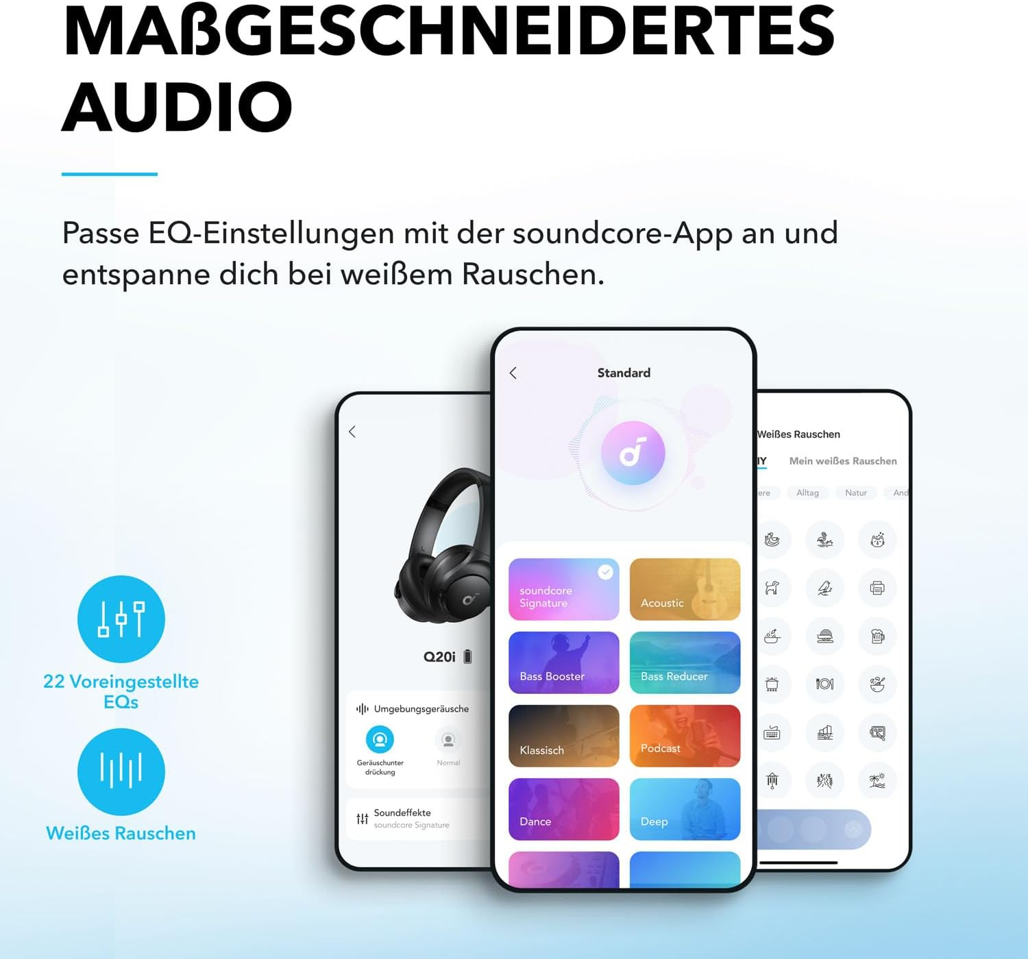 Drei Smartphones zeigen die Soundcore App mit EQ-Einstellungen und Sound-Optionen.