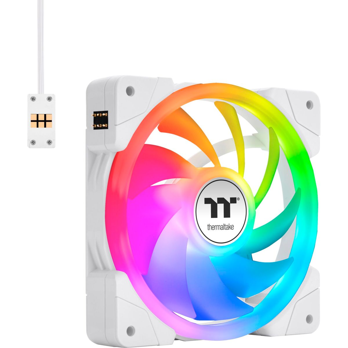 RGB aydınlatmalı beyaz bilgisayar fanı ve ayrı kablo modülü.