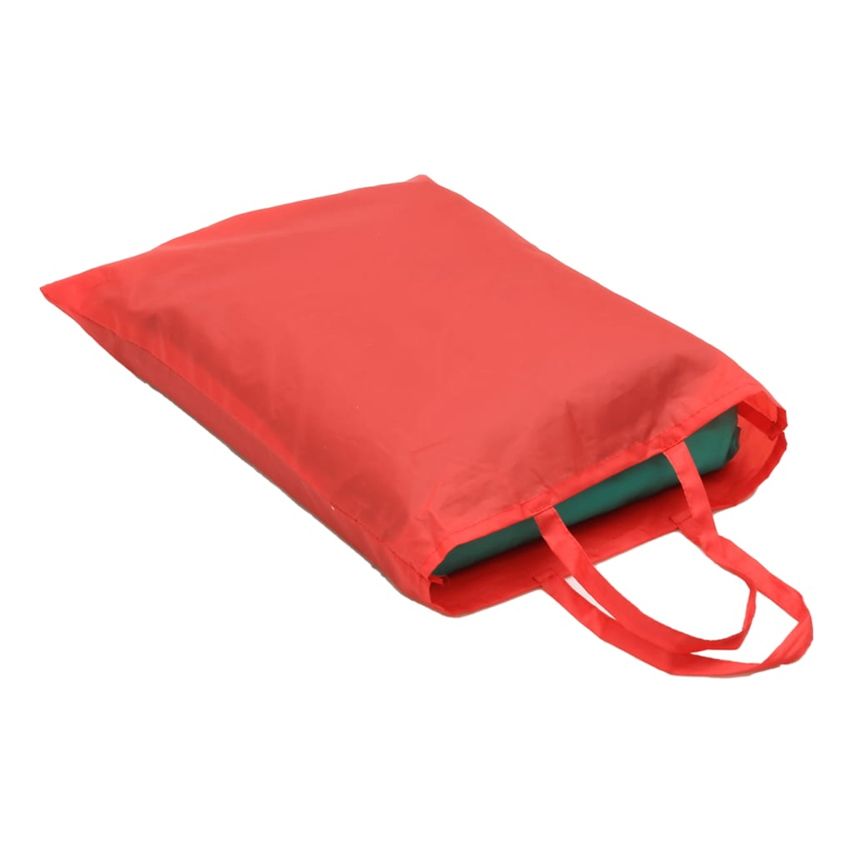 Una bolsa de la compra roja con dos asas, que contiene un rollo verde.