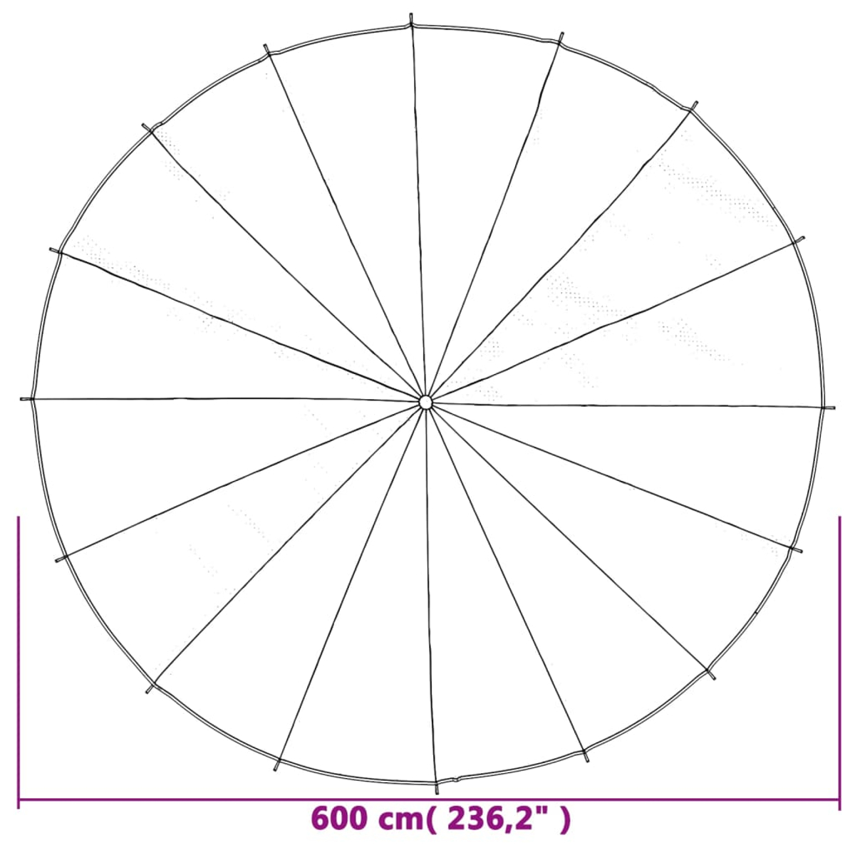 Un esquema detallado de una sombrilla grande con 24 varillas, 600 cm de diámetro.