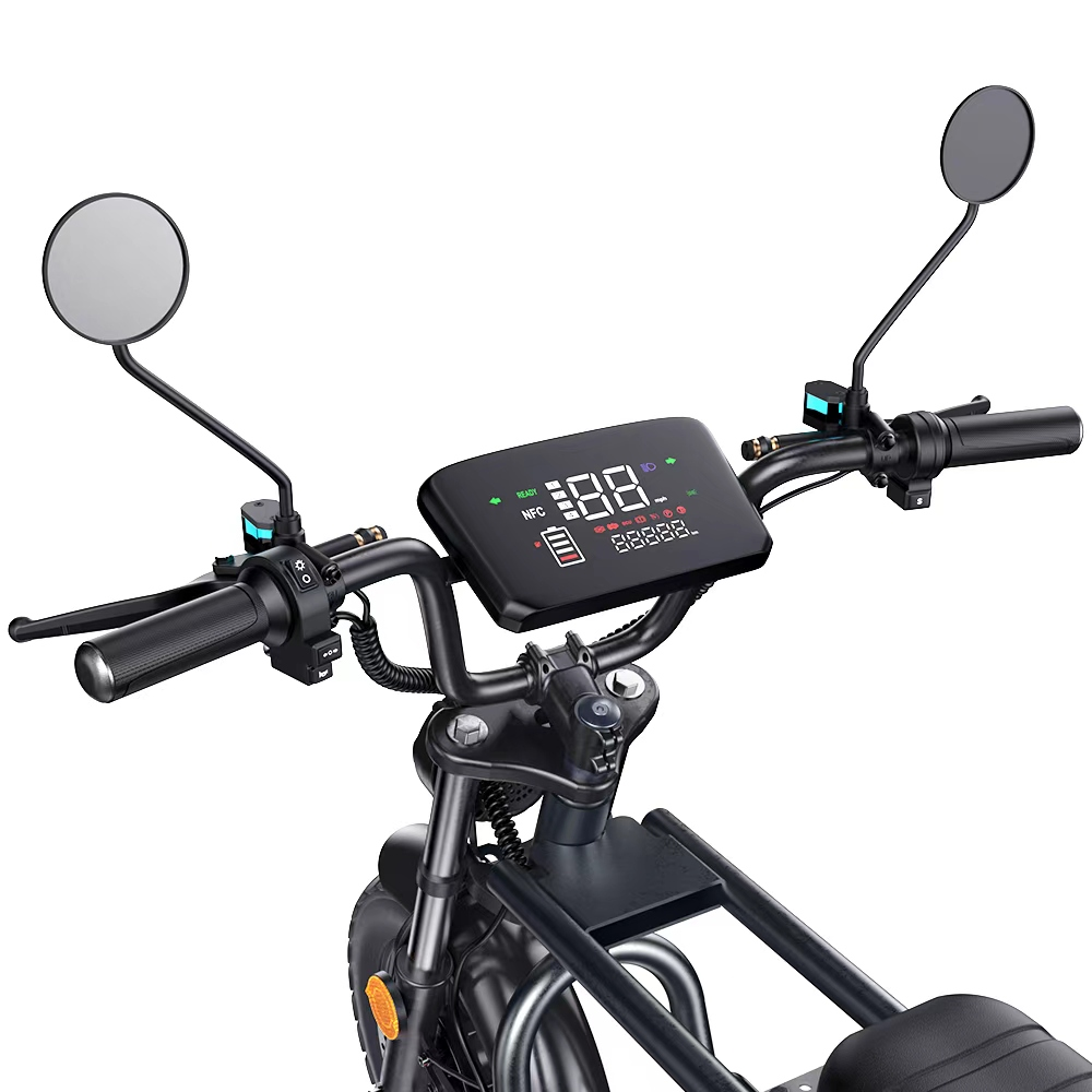 Manubrio di monopattino elettrico con display digitale, specchietti e manopole.