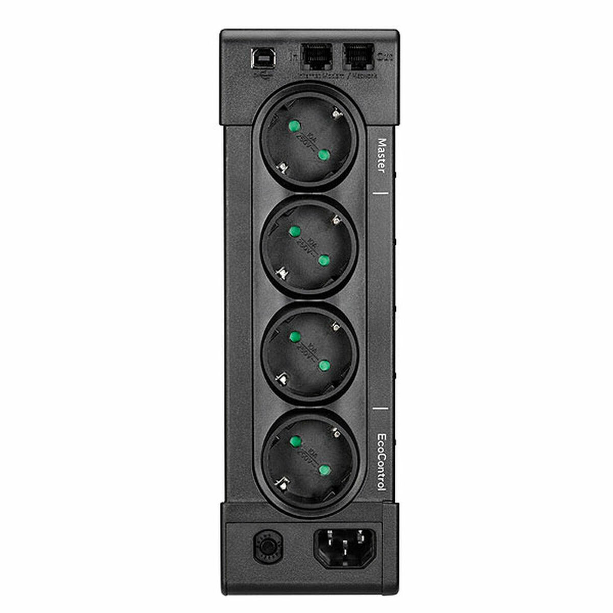 Ciabatta nera con 4 prese, etichettata Master e EcoControl.