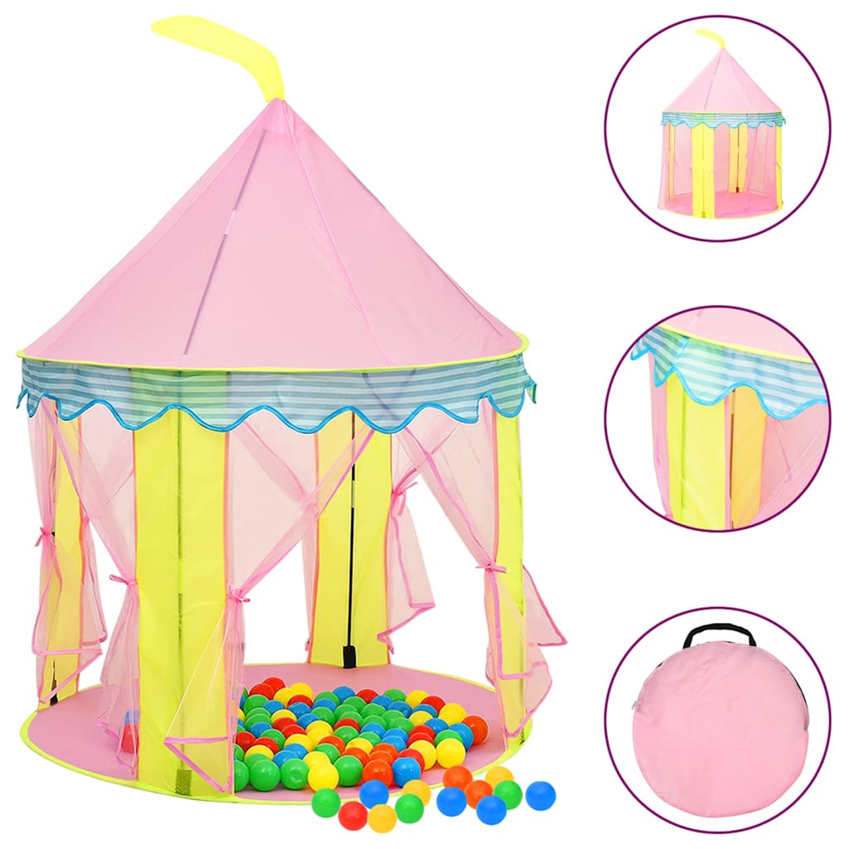 Una tenda da gioco rosa con pali gialli, riempita di palline colorate.