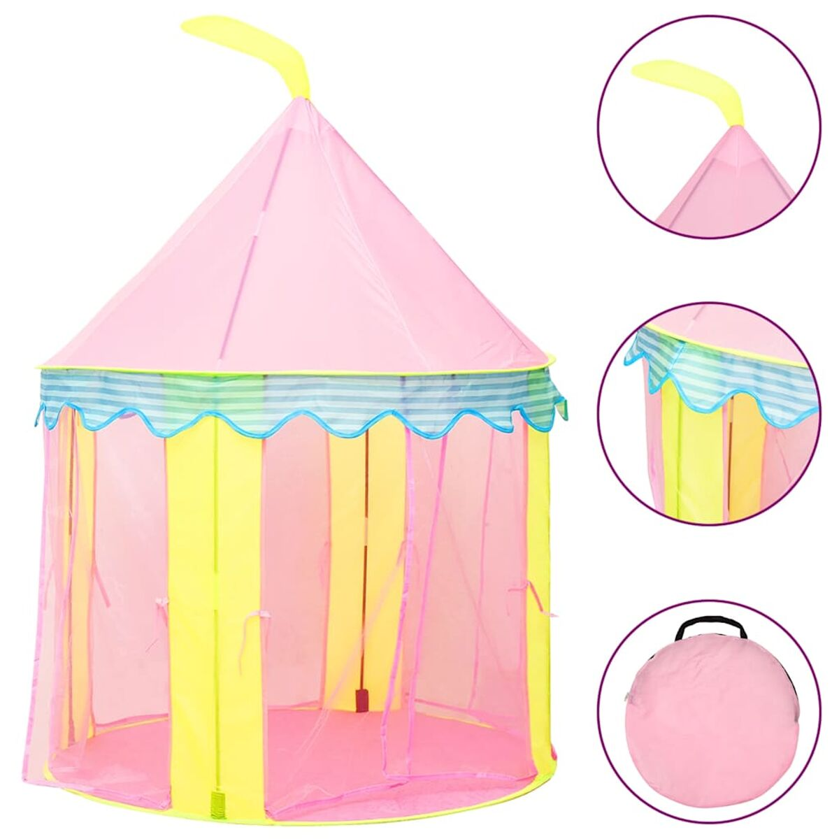 Una tenda da gioco a righe rosa e gialle con una bandiera gialla in cima.