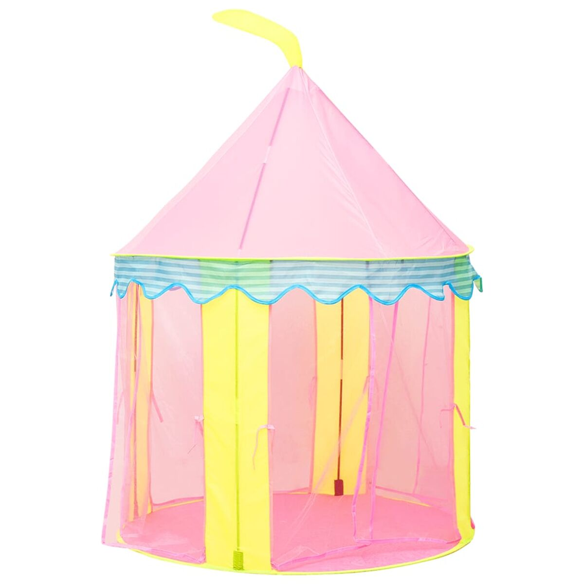 Una tenda da gioco rosa stile circo con pannelli gialli e rosa e finiture a righe.