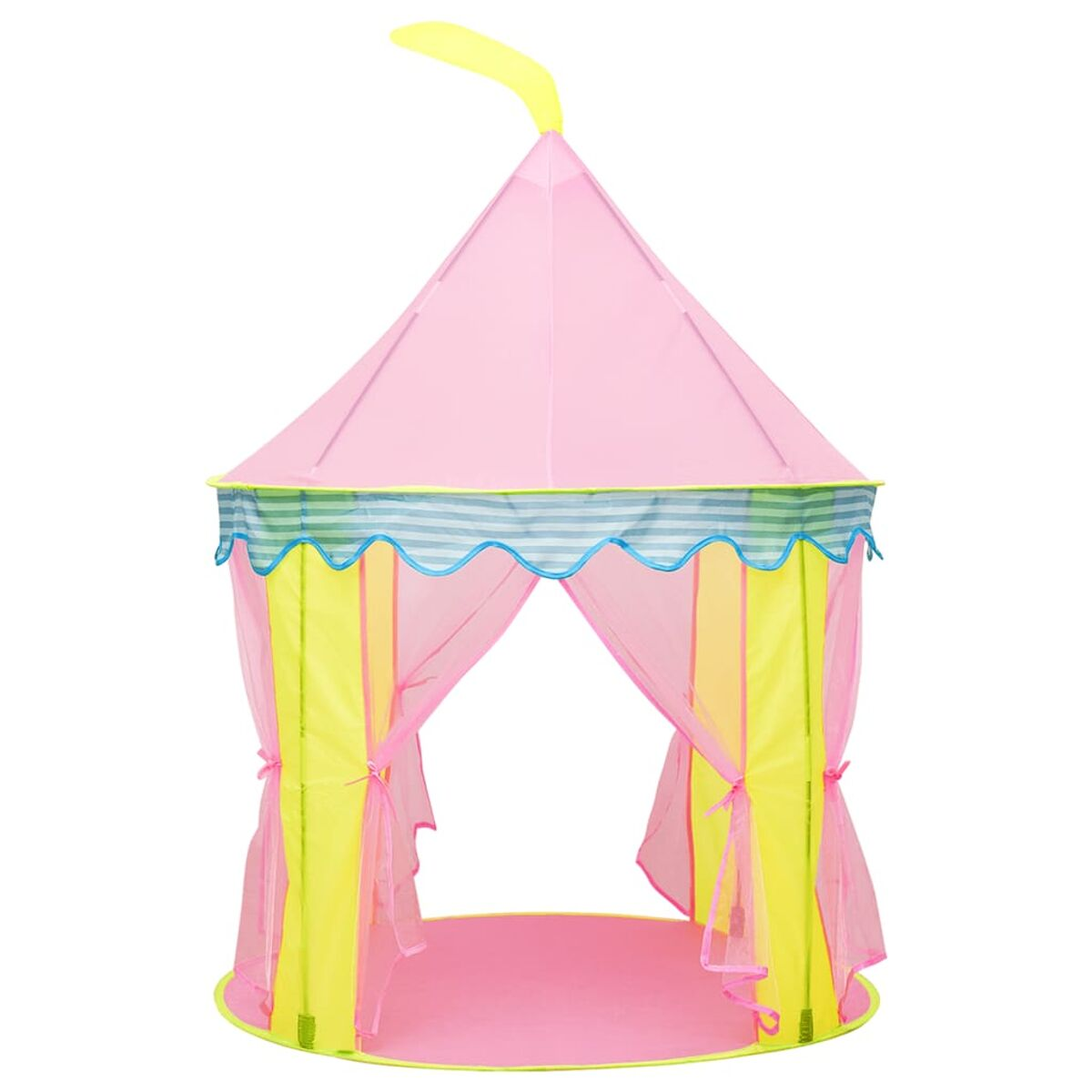 Una tenda da gioco rosa con strisce gialle e blu e una punta gialla.