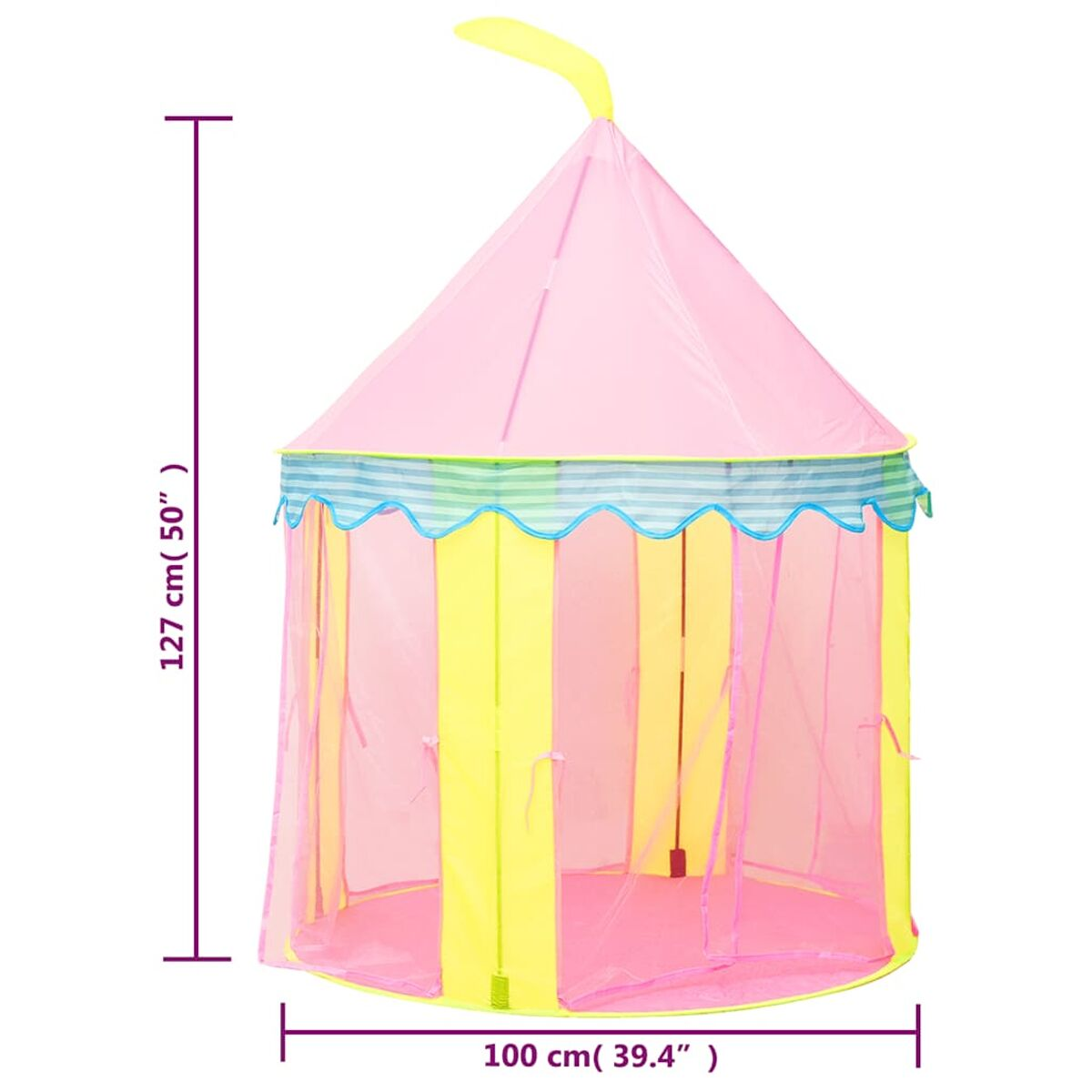 Una tenda da gioco rosa, gialla e blu a righe, alta 127 cm e larga 100 cm.