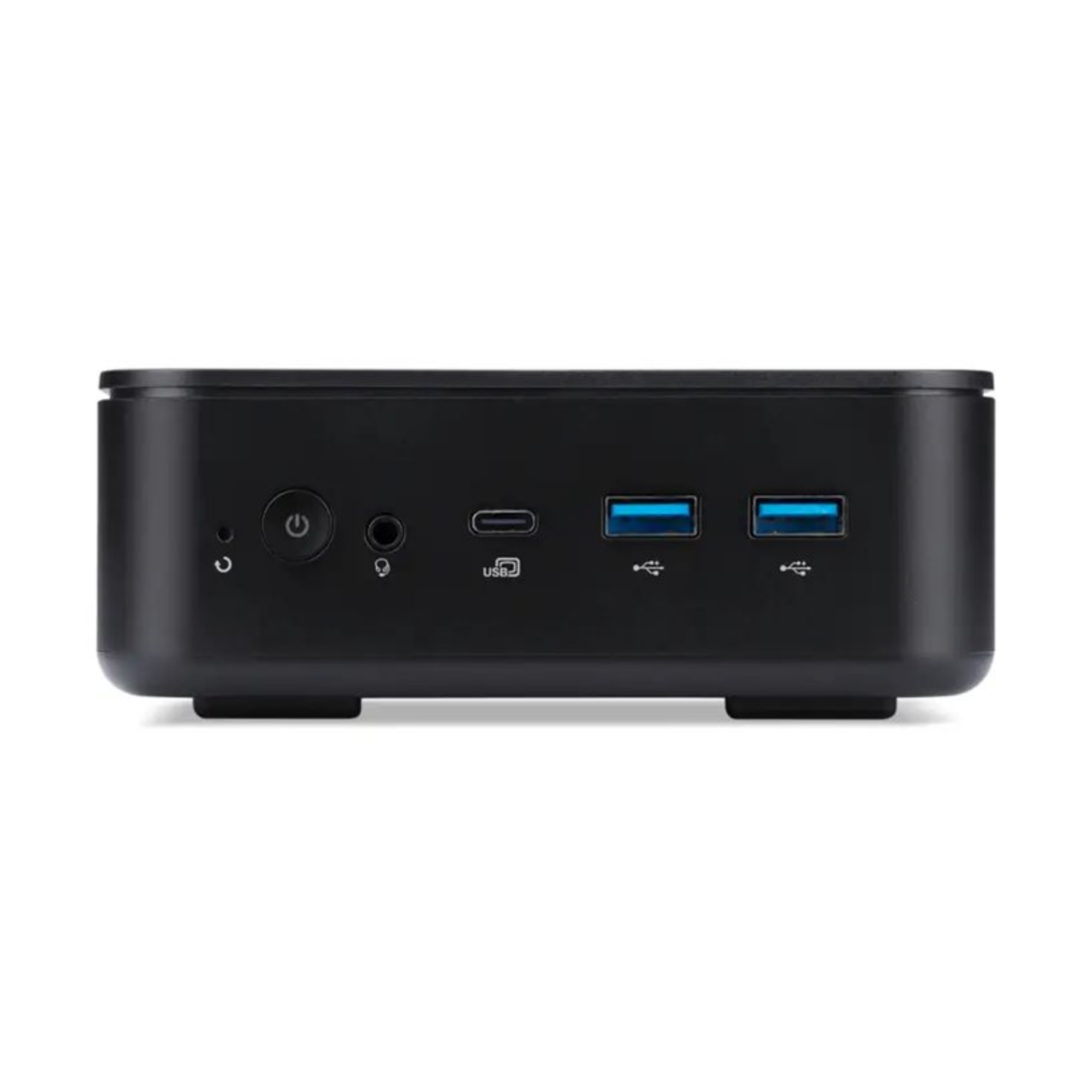 Un mini PC nero con pulsante di accensione, jack per cuffie e porte USB.