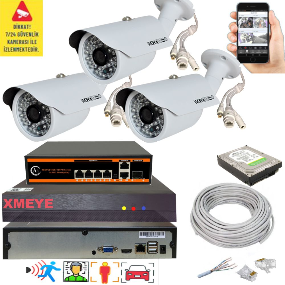 NVR, switch, sabit disk ve kablolar içeren güvenlik kamerası seti.