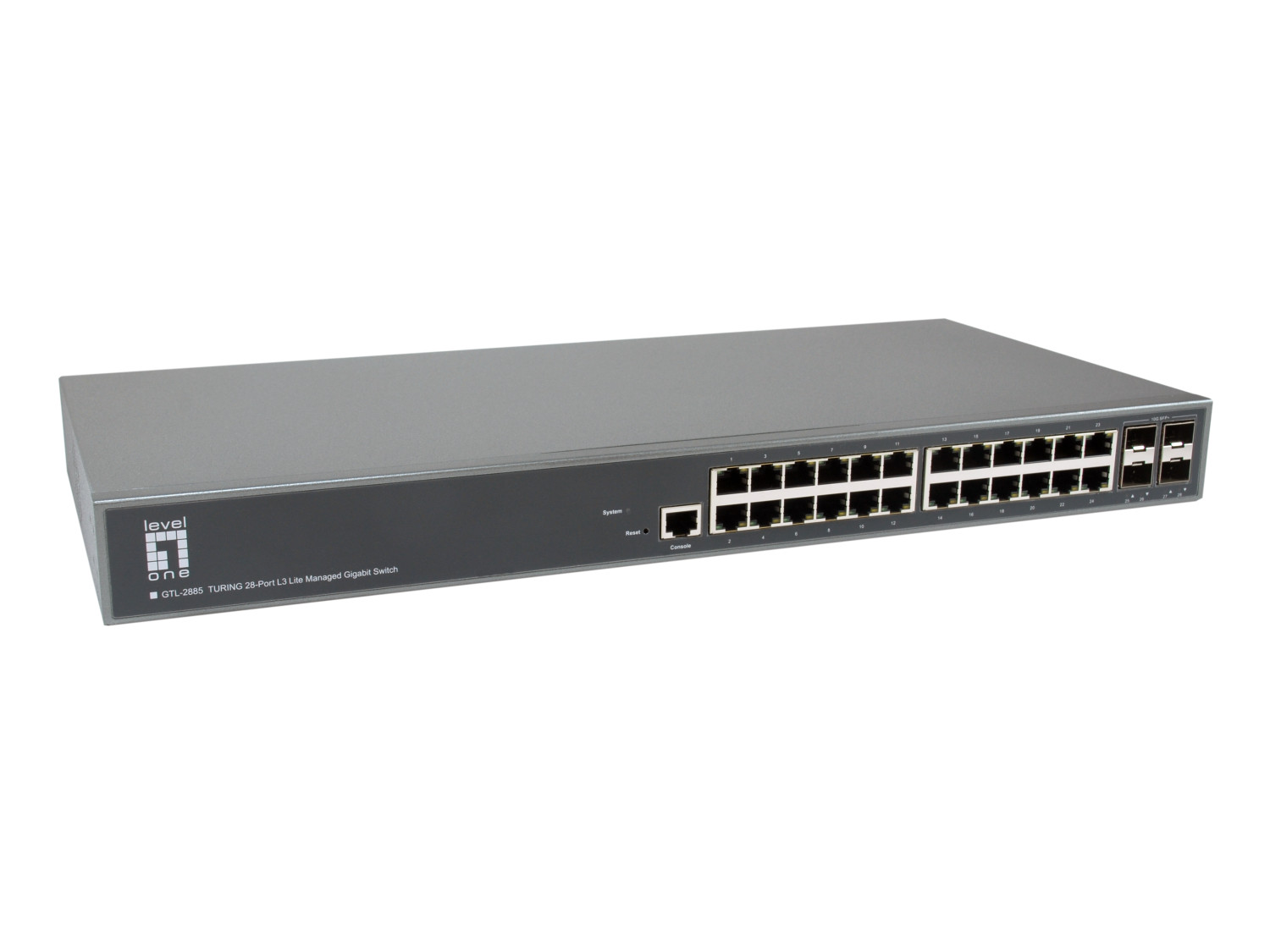 Switch Gigabit grigio a 28 porte con etichette e porte.