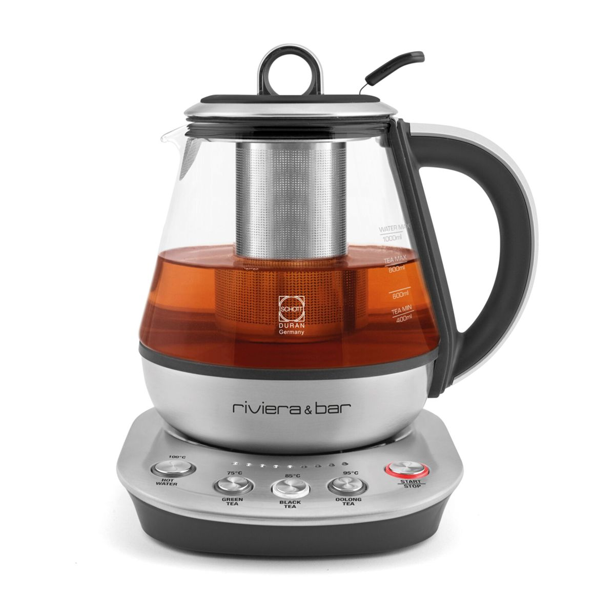 Ein elektrischer Wasserkocher mit Teefilter, Edelstahlsockel und digitaler Temperaturanzeige.