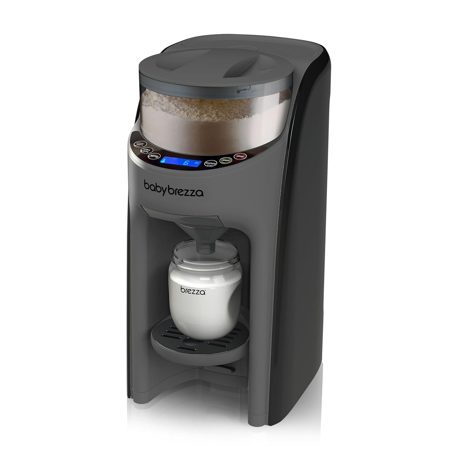Babybrezza-Milchpulver-Dosierer mit gefülltem Behälter und Babyflasche.