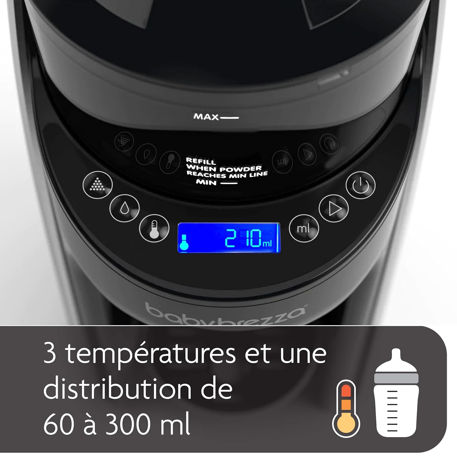 Babybrezza-Gerät mit Digitalanzeige, die 210 ml zeigt.