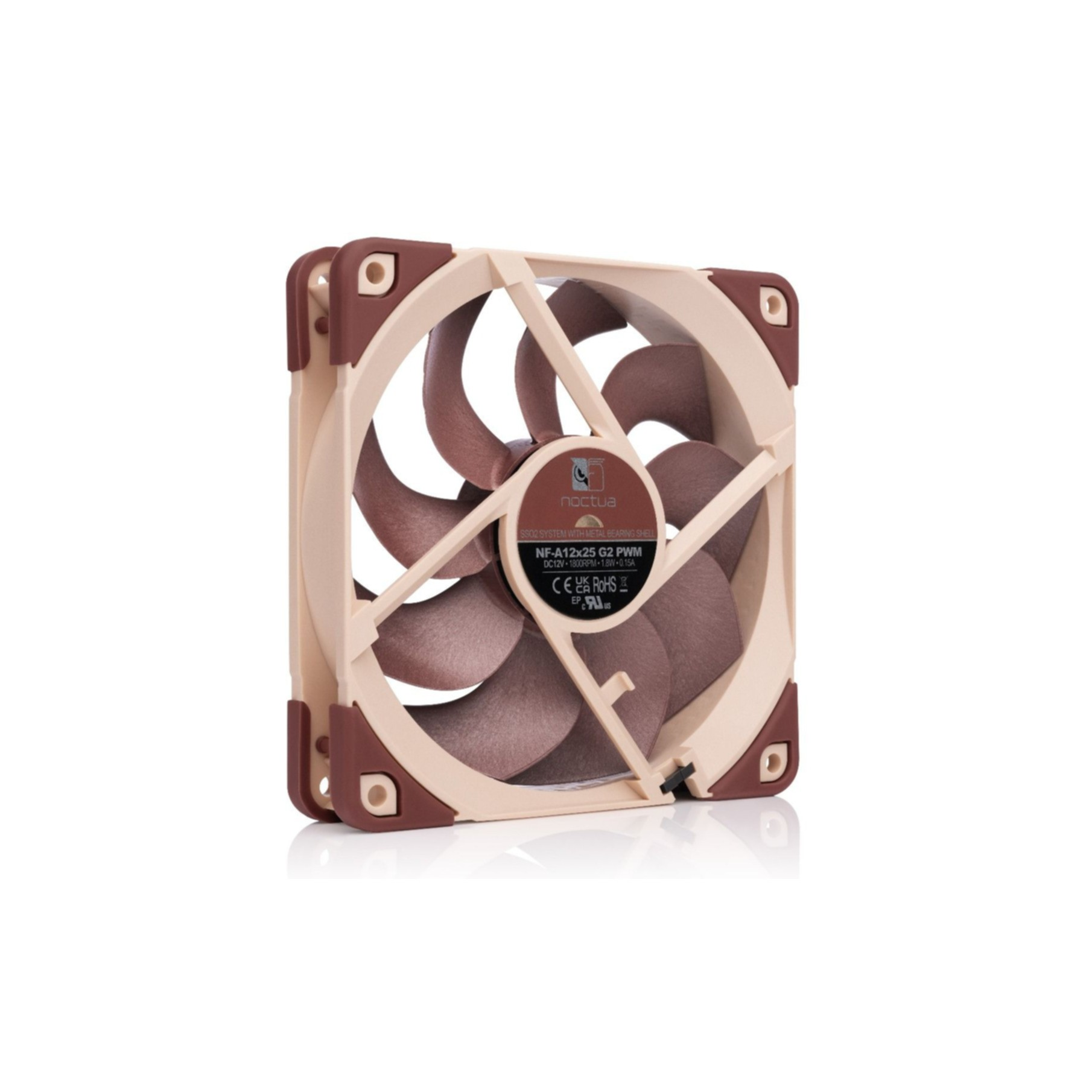 Una ventola per computer marrone e beige con pale scure.
