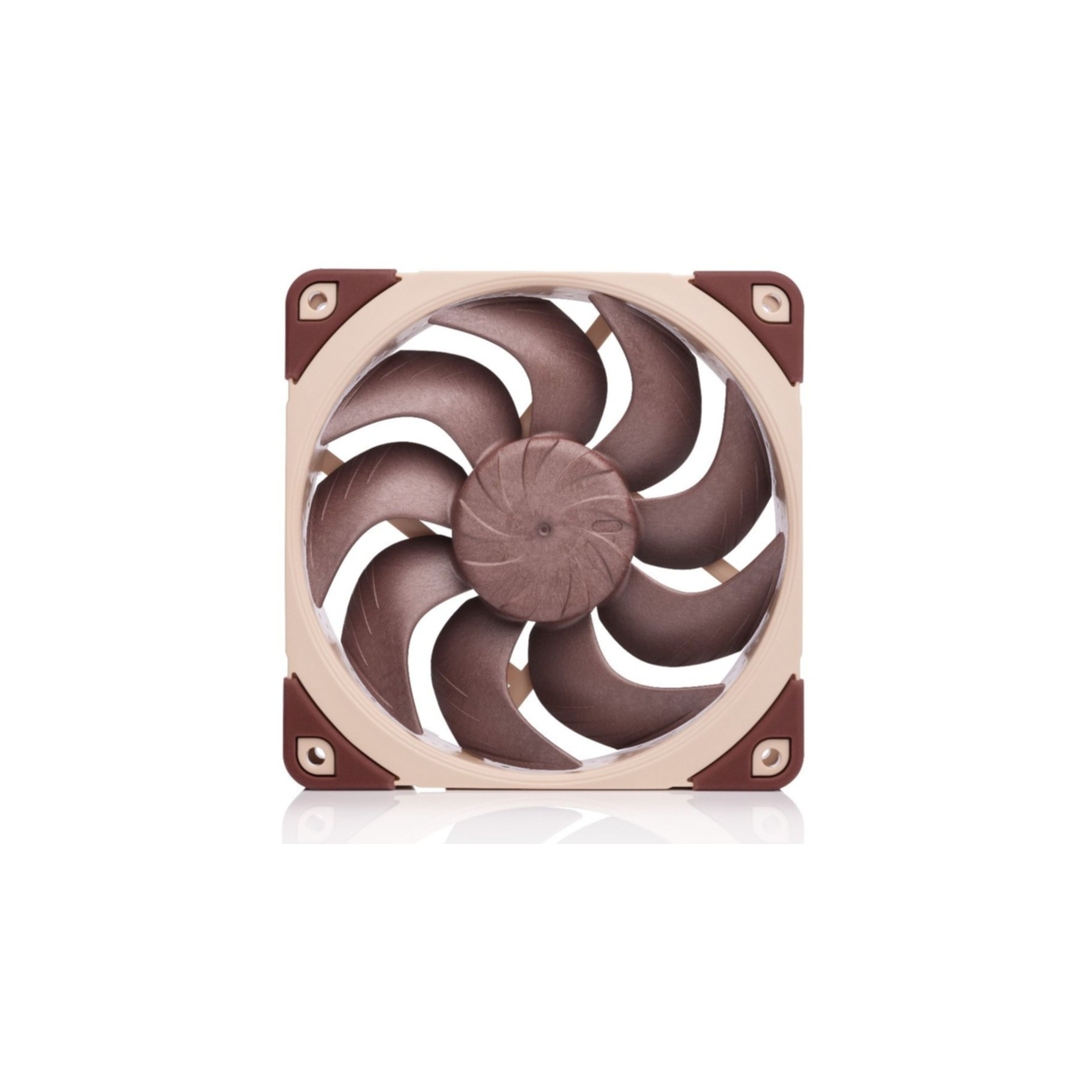 Ventola per computer marrone con cornice beige su sfondo bianco.