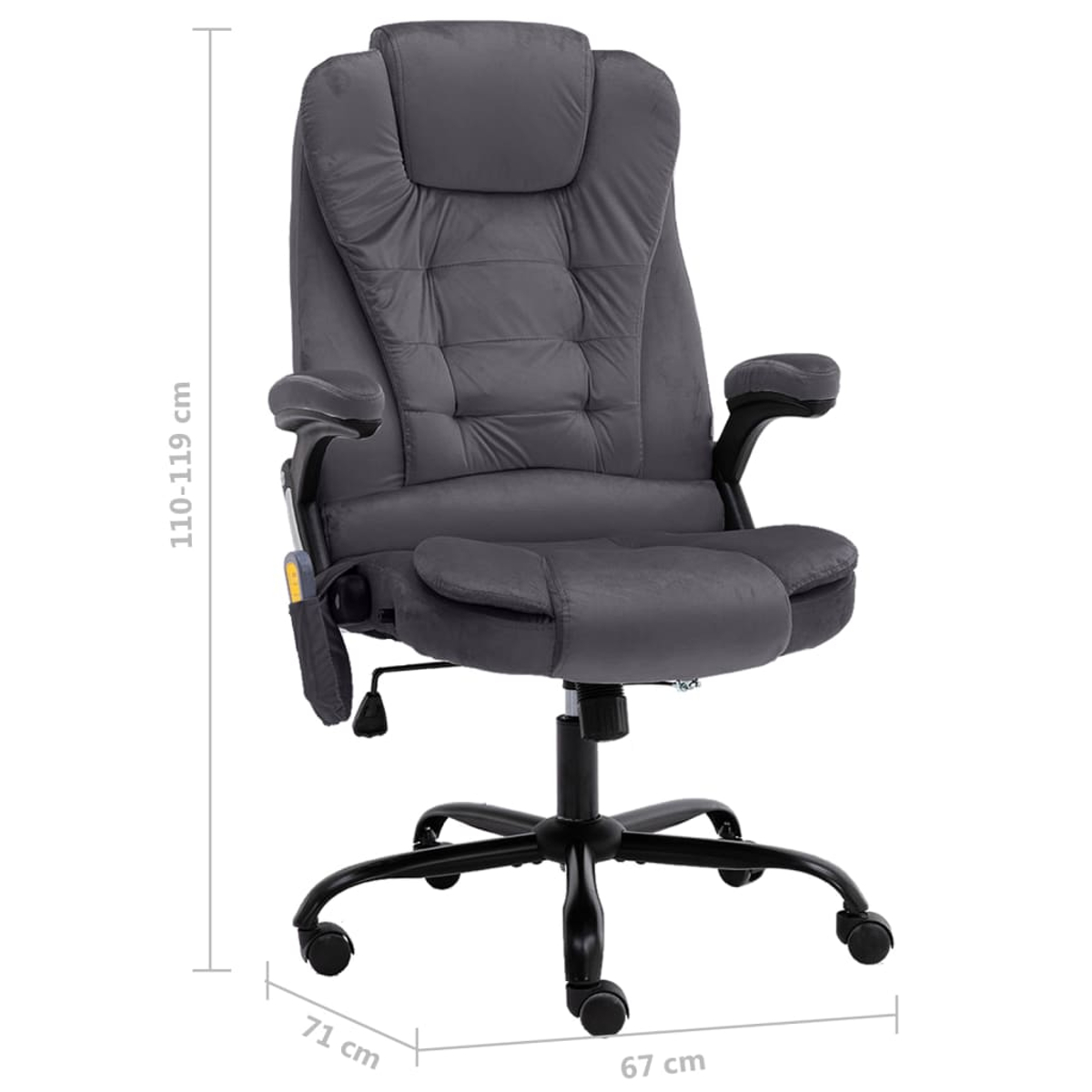 Una sedia da ufficio grigia con ruote, altezza regolabile 110-119 cm, larghezza 67 cm, profondità 71 cm.