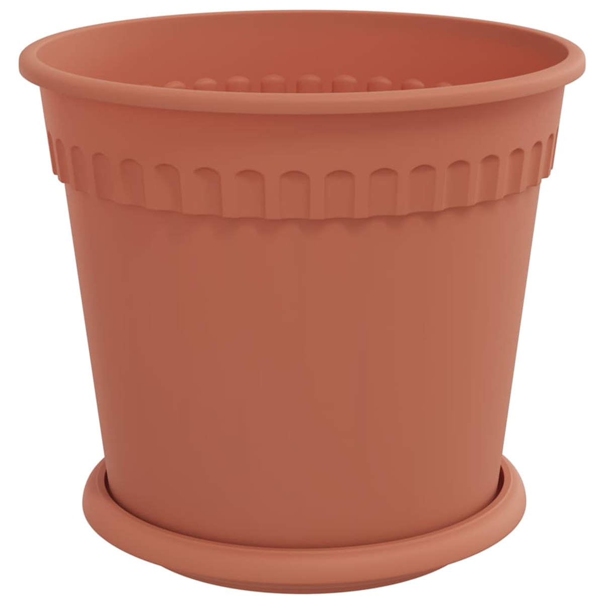 Un vaso di fiori marrone in plastica con sottovaso e bordo decorato.