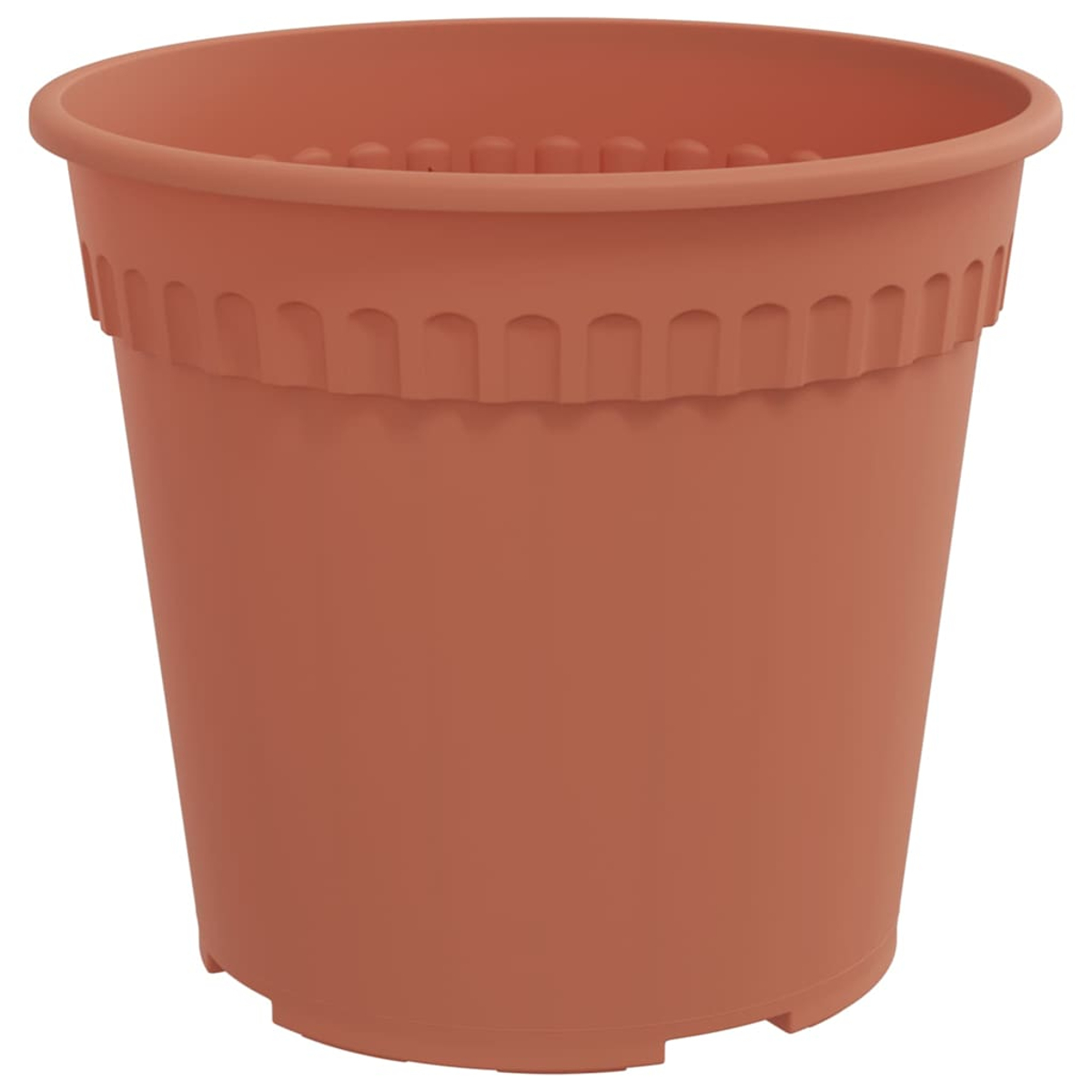 Un vaso di plastica marrone con bordo a coste e banda decorativa scanalata.