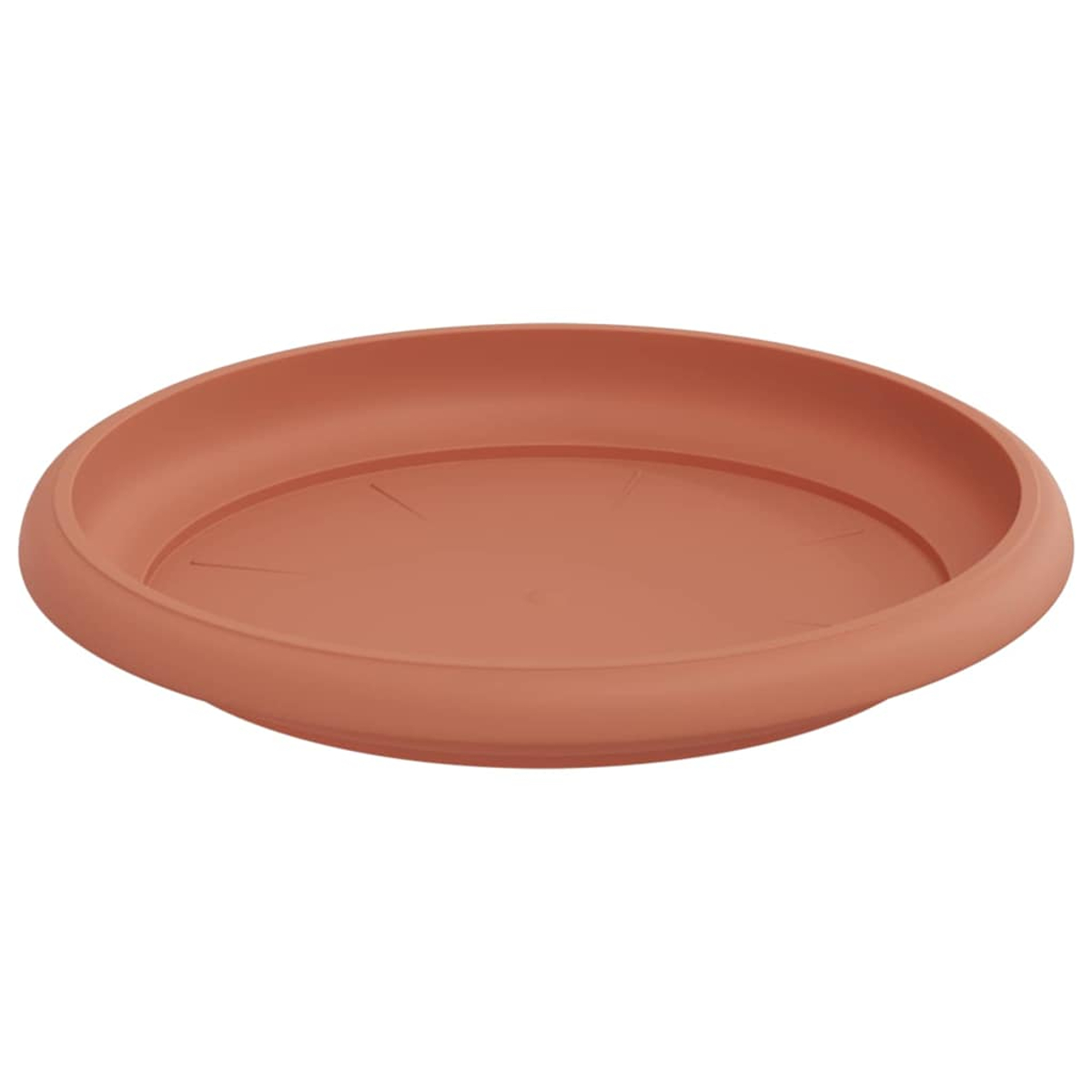 Un sottovaso rotondo color terracotta per vasi da fiori.