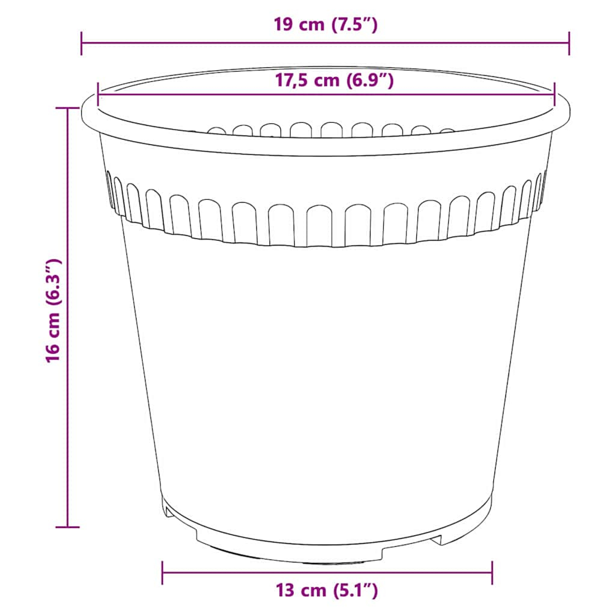 Un contorno schematico di un vaso da fiori con dimensioni in cm e pollici.